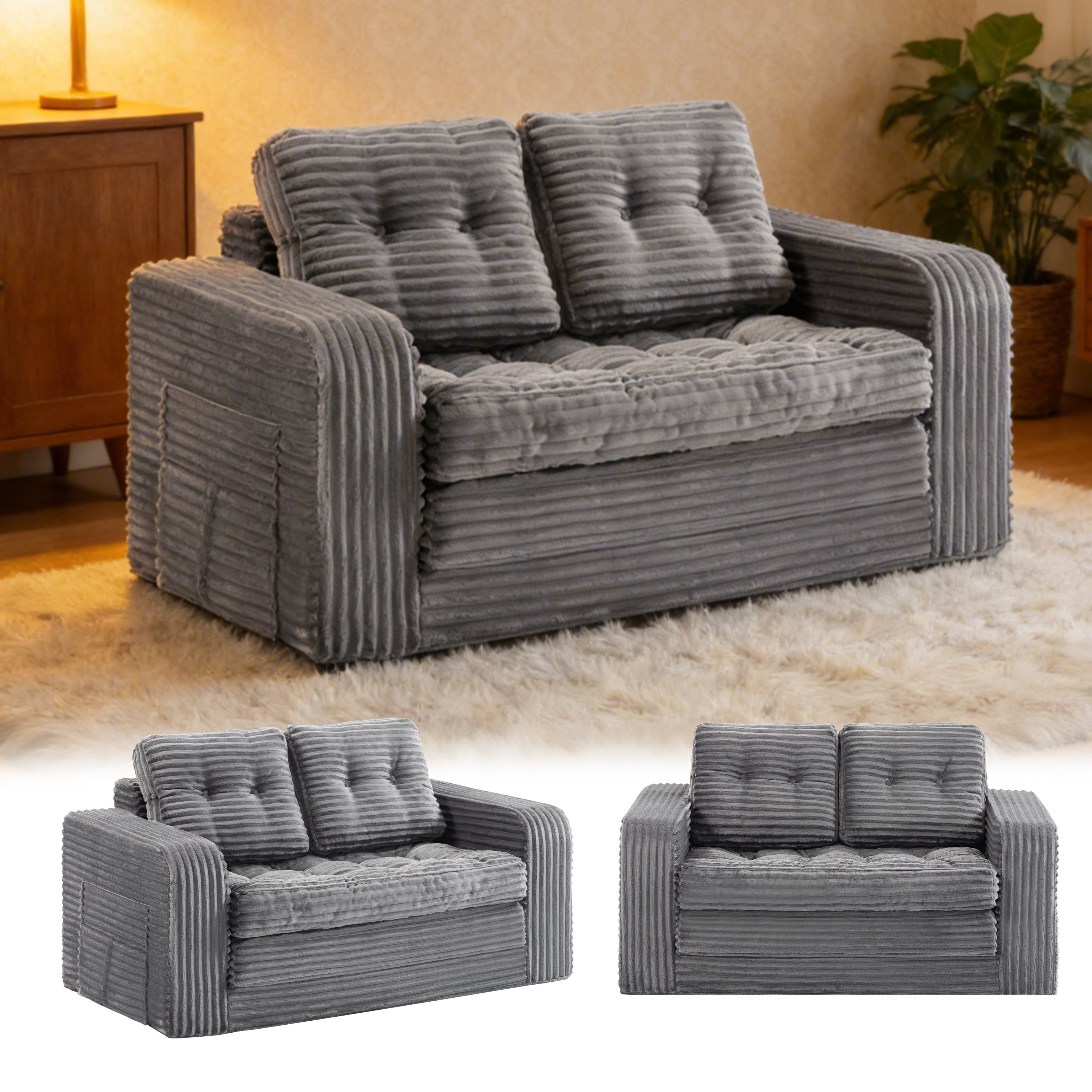 Pop-Up Compression Sofa, Single/Double Seat Options, Corduroy Multifunctional Sofa Bed for Small Apartments, Balconies & Dorms, No Assembly Required