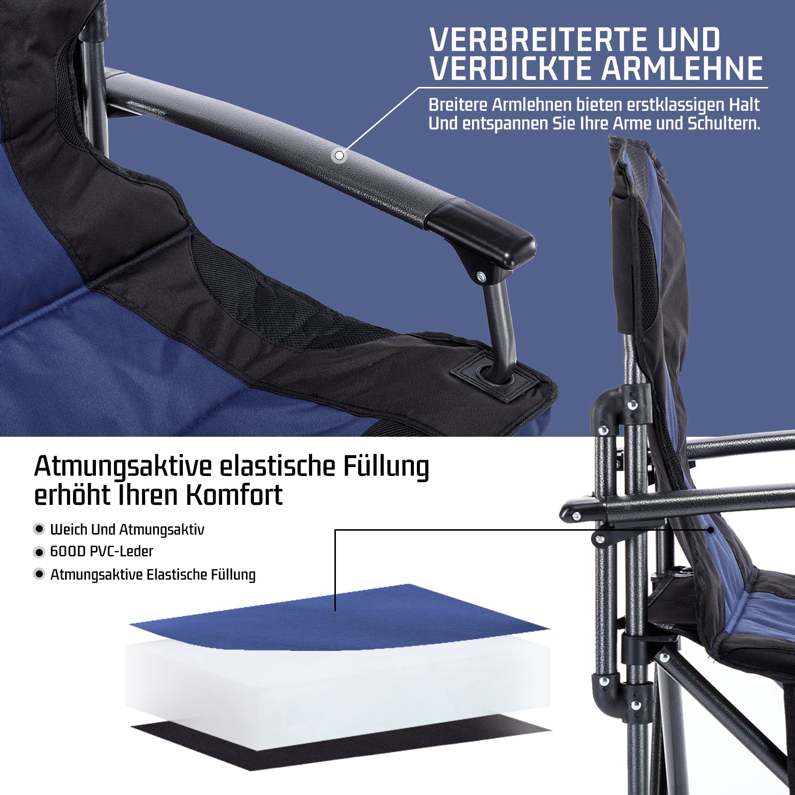 Symino Portable Camping Chair – Lightweight, Foldable, with Armrests, Ideal for Outdoor & Travel, 120kg Capacity, Blue.