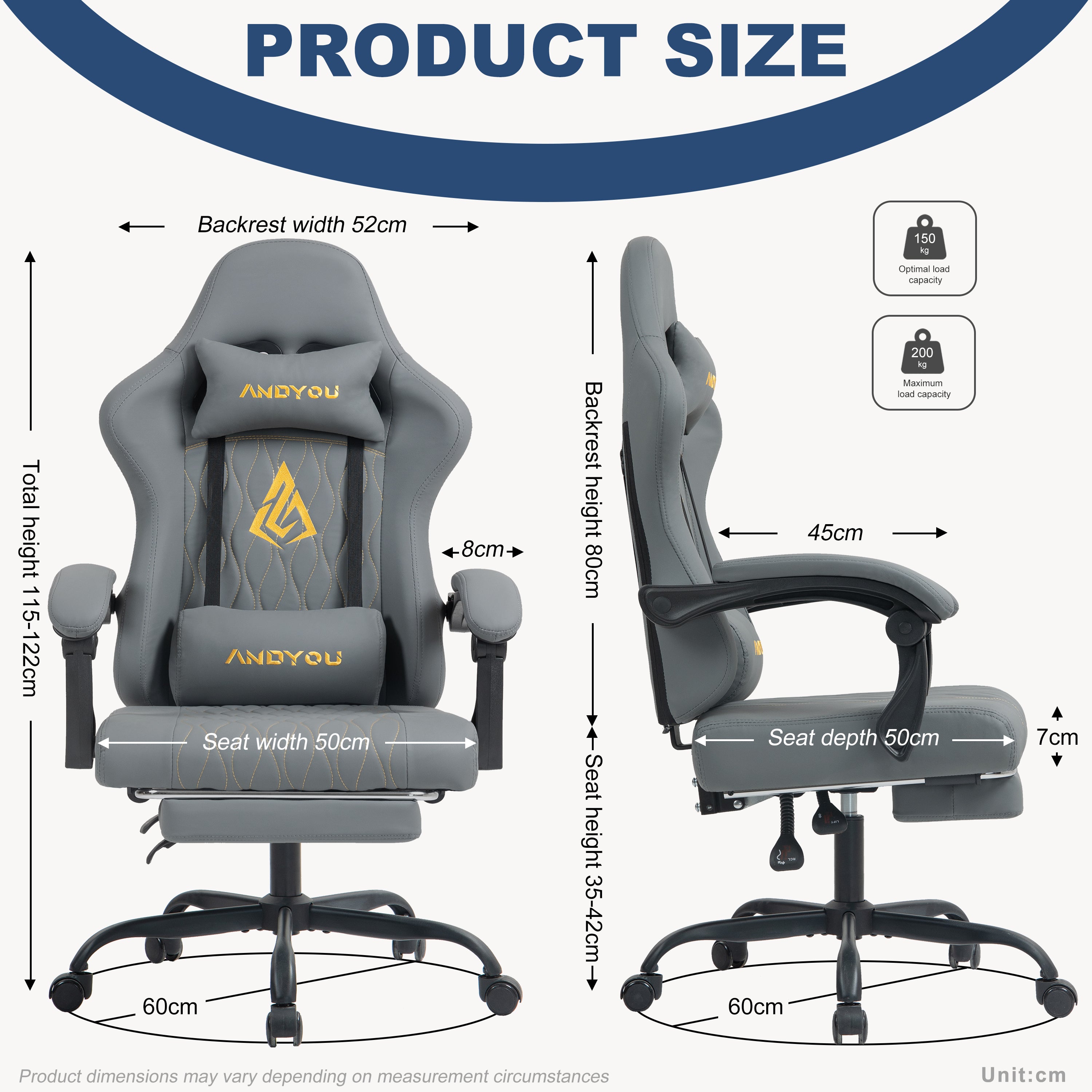 SYMINO ANDYOU Series Gaming Chair with Footrest – Ergonomic PU Leather Computer Chair, Grey