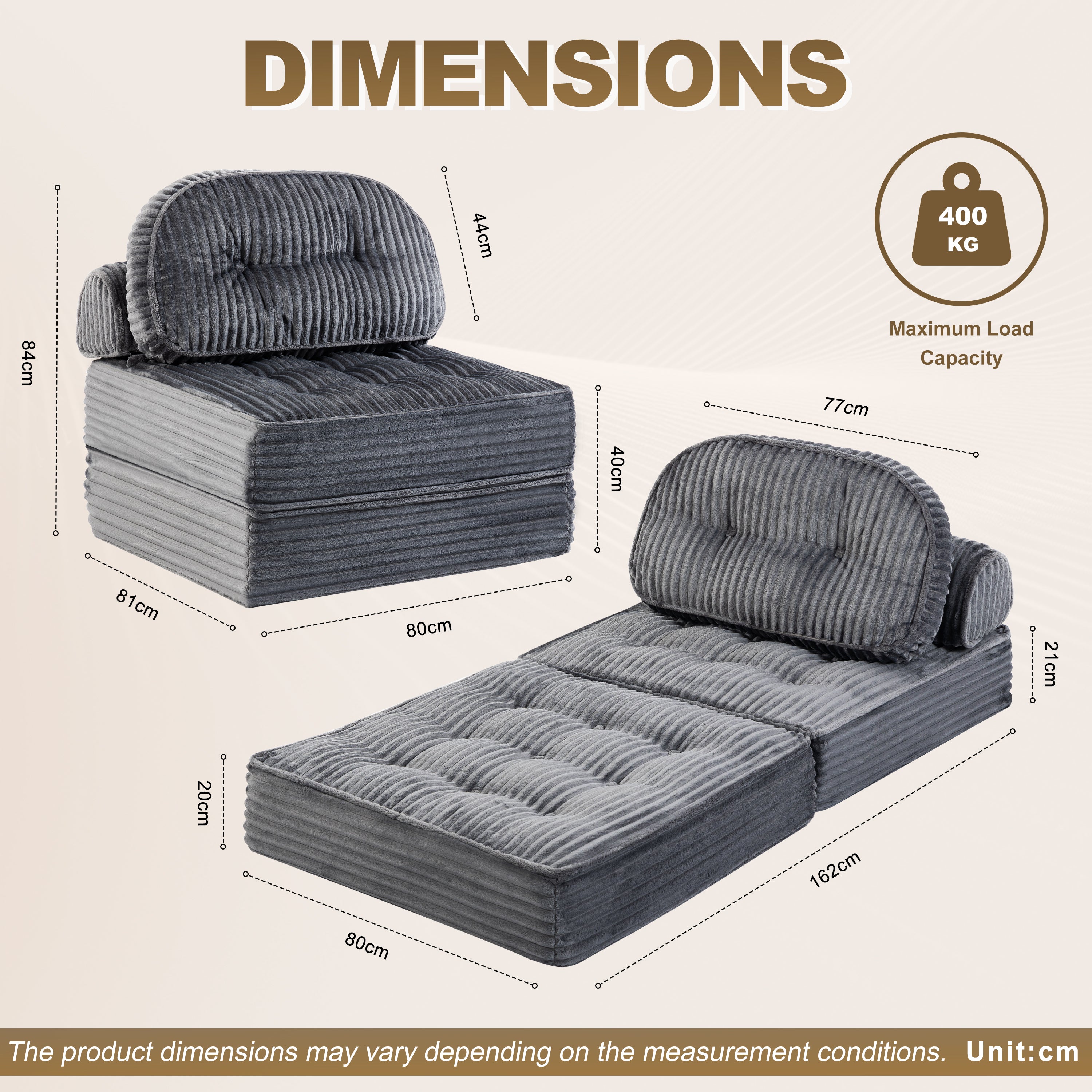 Pop-Up Compression Sofa, Single/Double Seat Options, Corduroy Multifunctional Sofa Bed for Small Apartments, Balconies & Dorms, No Assembly Required