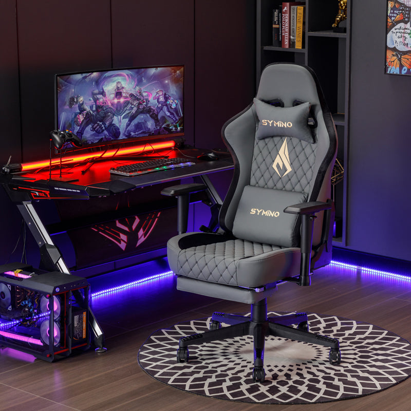 SYMINO Ergonomic Gaming Chair, PU Leather - Grey, Retro-Style