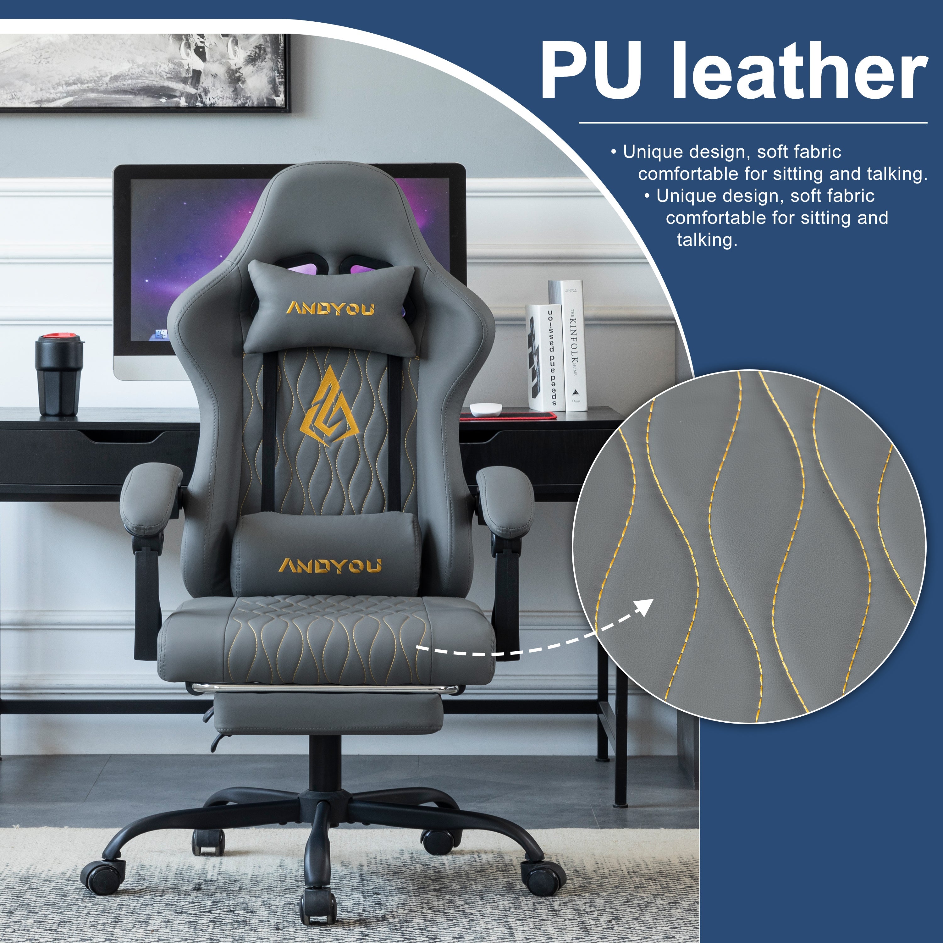 SYMINO ANDYOU Series Gaming Chair with Footrest – Ergonomic PU Leather Computer Chair, Grey