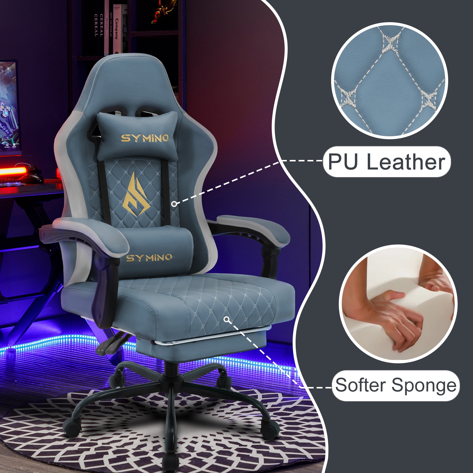 SYMINO Ergonomic PU Leather Racing Style Gaming Chair - Comfortable and Adjustable, DLight Blue