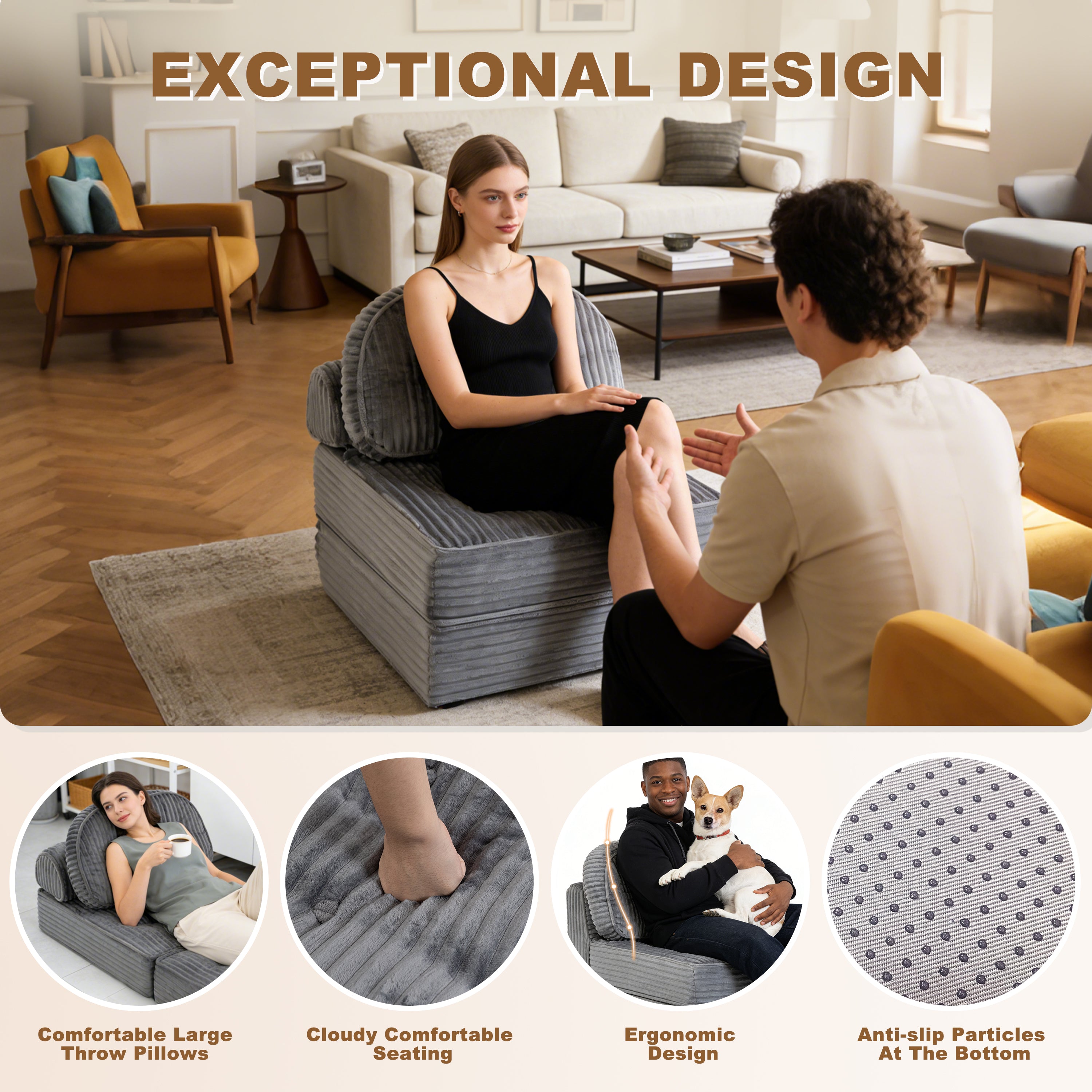 Pop-Up Compression Sofa, Single/Double Seat Options, Corduroy Multifunctional Sofa Bed for Small Apartments, Balconies & Dorms, No Assembly Required