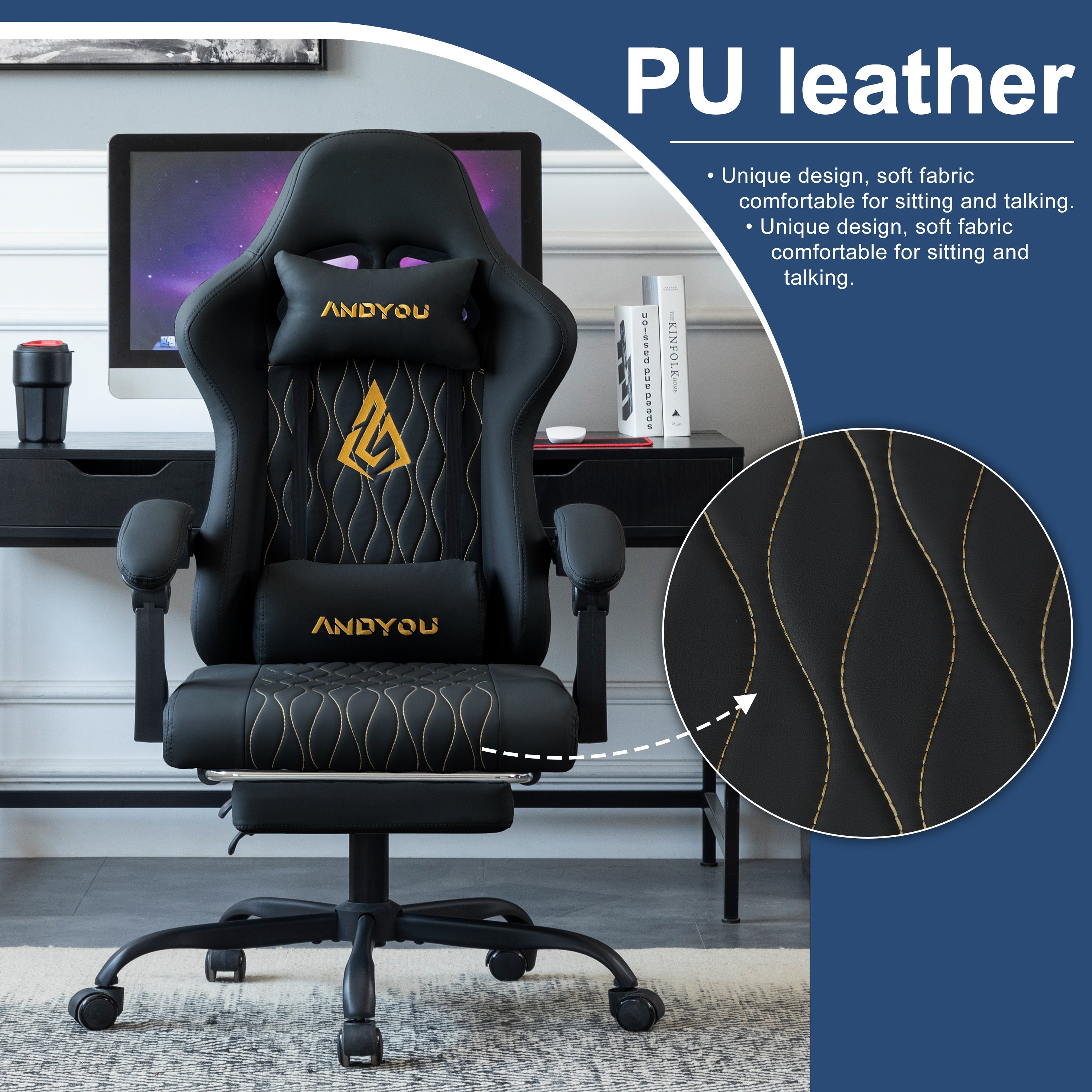 SYMINO ANDYOU Series Gaming Chair with Footrest – Ergonomic PU Leather Computer Chair, Black