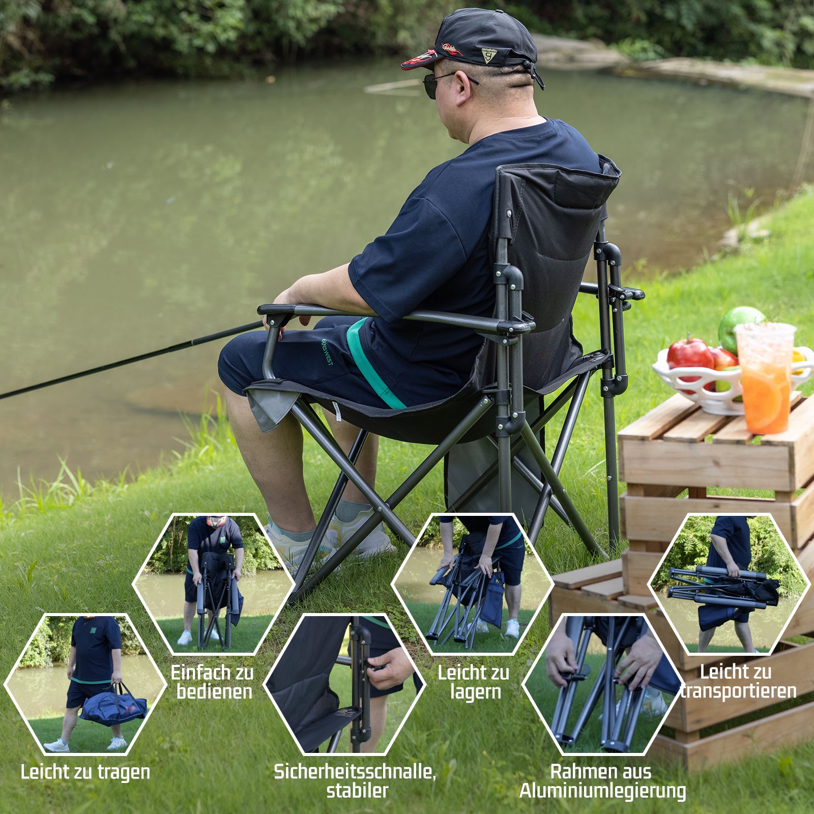 Symino Portable Camping Chair โ Lightweight, Foldable, with Armrests, Ideal for Outdoor & Travel, 120kg Capacity, Blue.