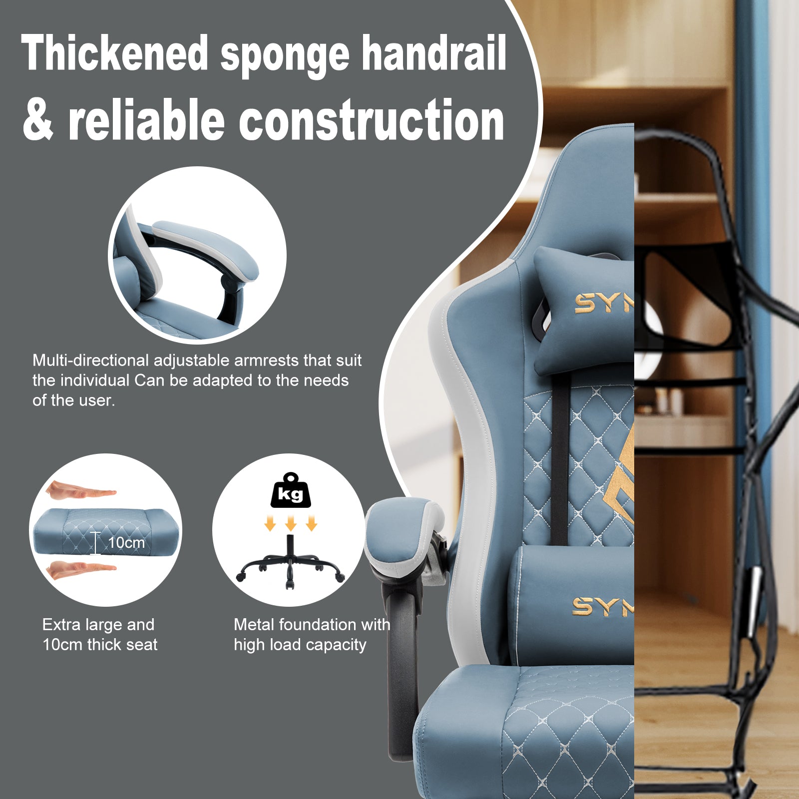 SYMINO Ergonomic PU Leather Racing Style Gaming Chair - Comfortable and Adjustable, DLight Blue