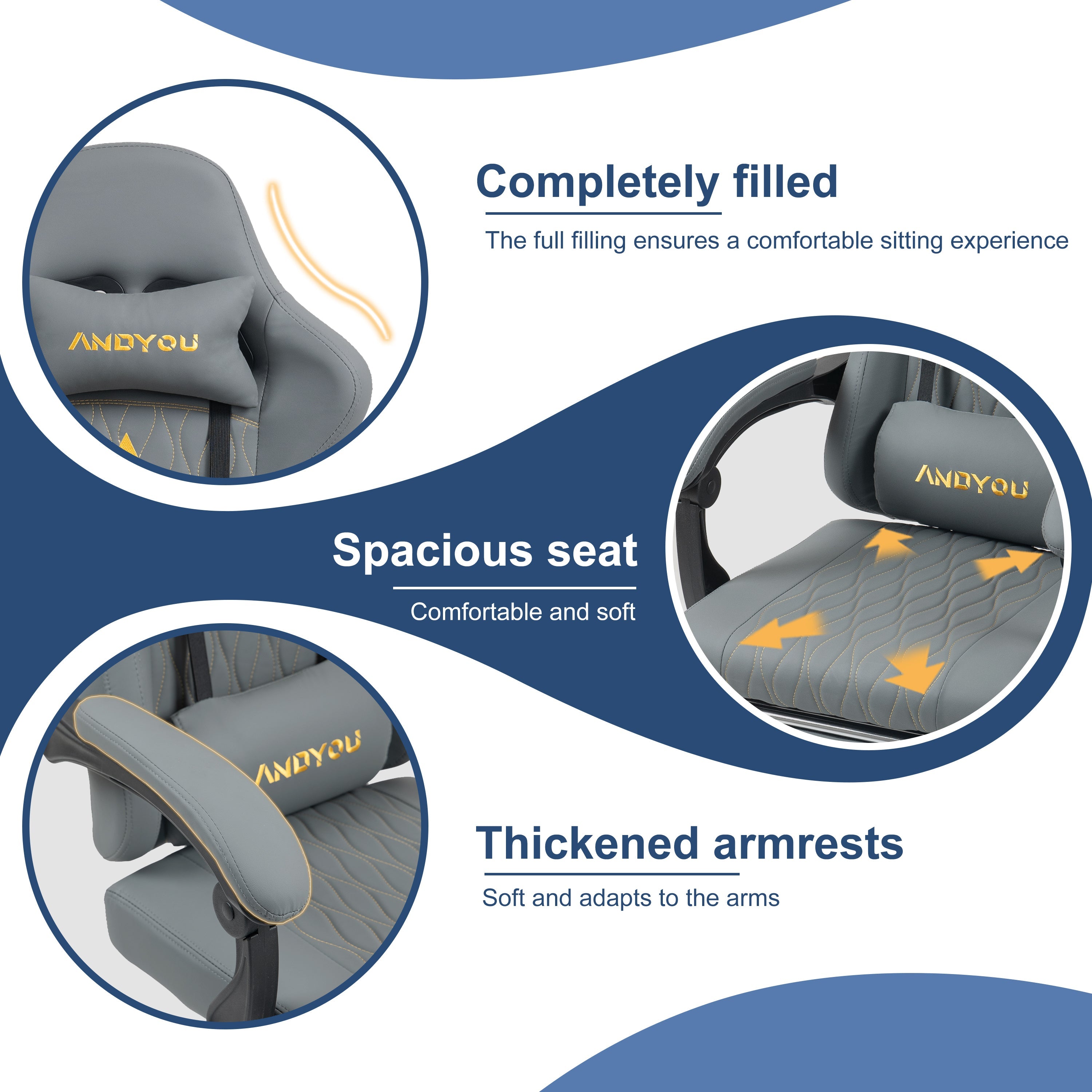 SYMINO ANDYOU Series Gaming Chair with Footrest – Ergonomic PU Leather Computer Chair, Grey