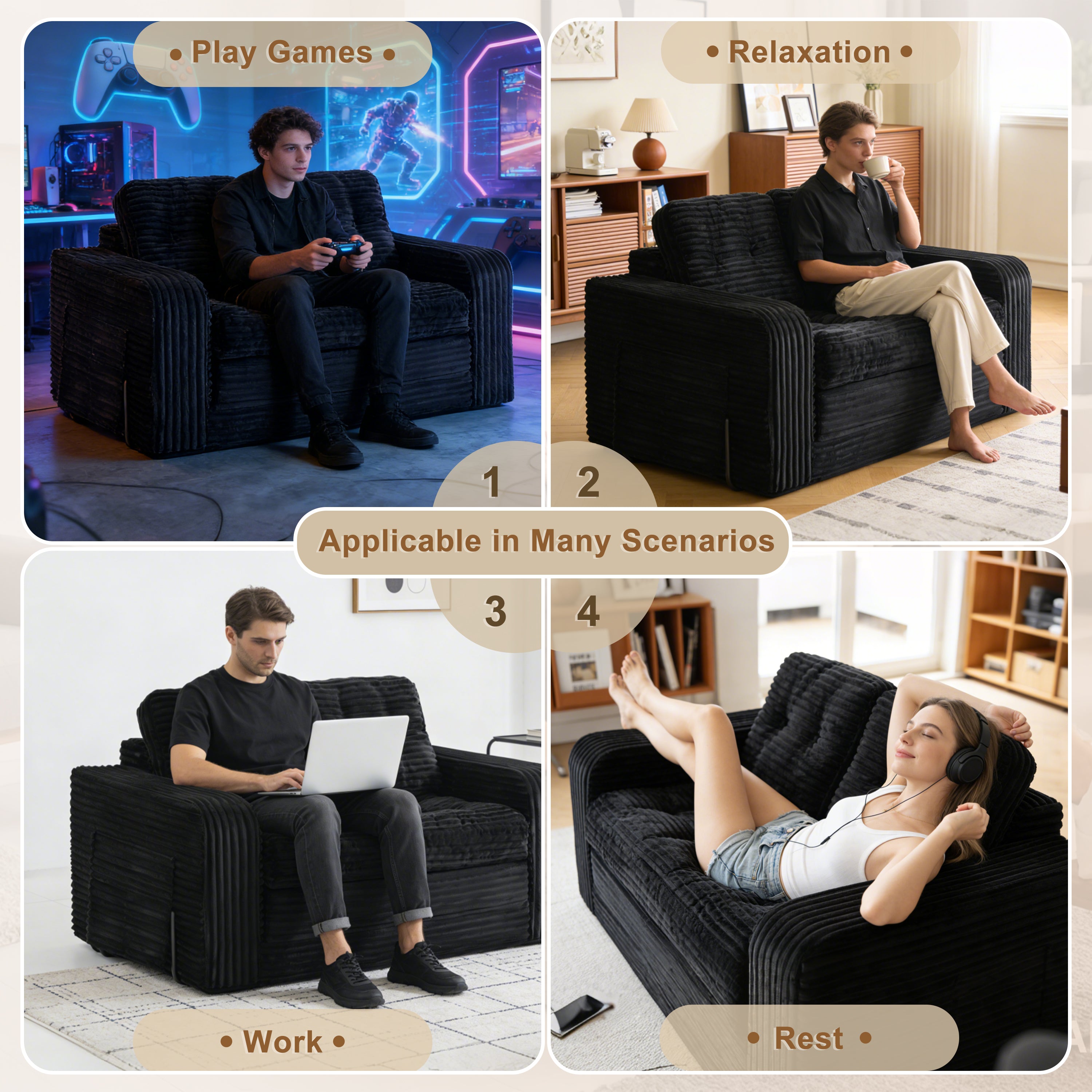 Pop-Up Compression Sofa, Single/Double Seat Options, Corduroy Multifunctional Sofa Bed for Small Apartments, Balconies & Dorms, No Assembly Required