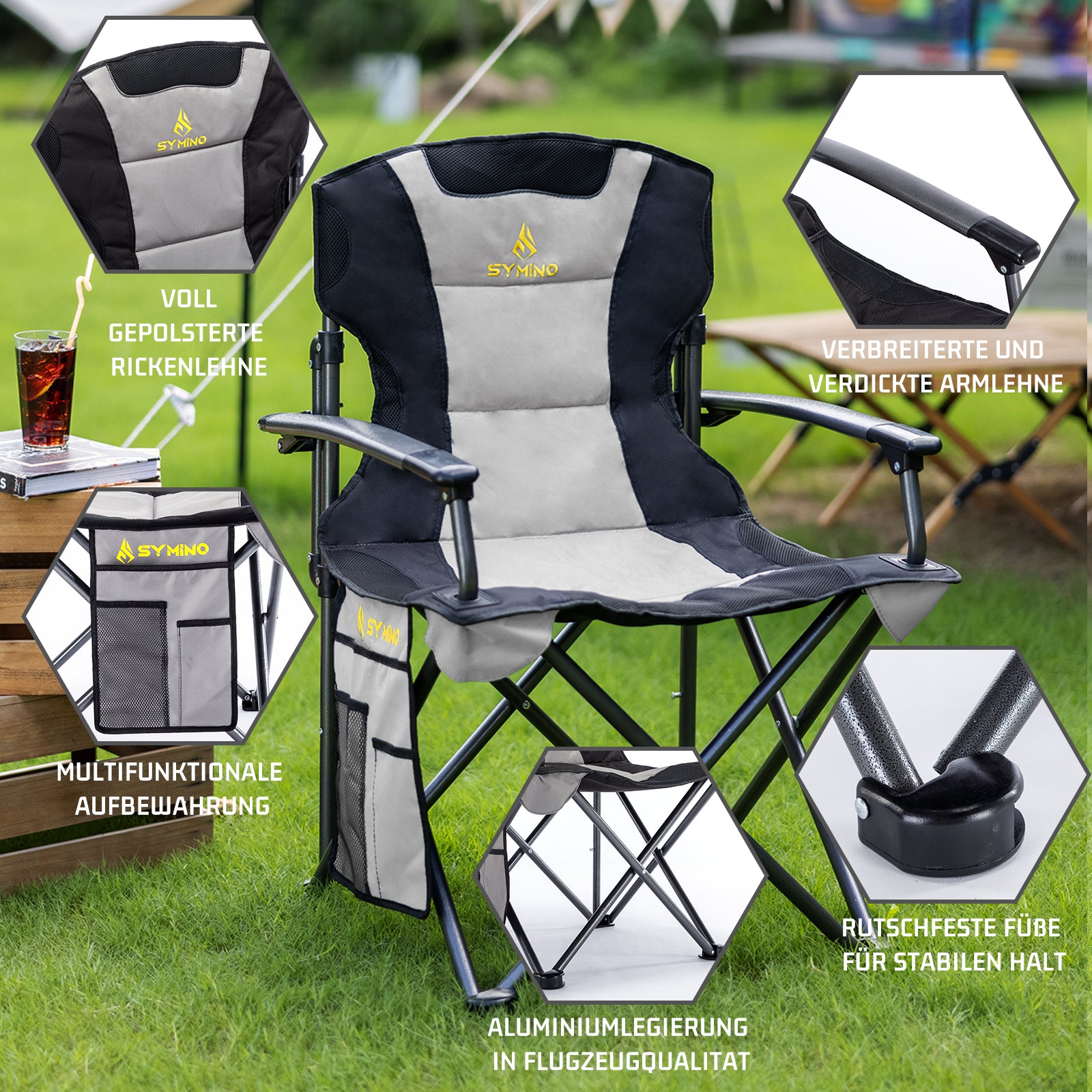 Symino Portable Camping Chair – Lightweight, Foldable, with Armrests, Ideal for Outdoor & Travel, 120kg Capacity, Grey