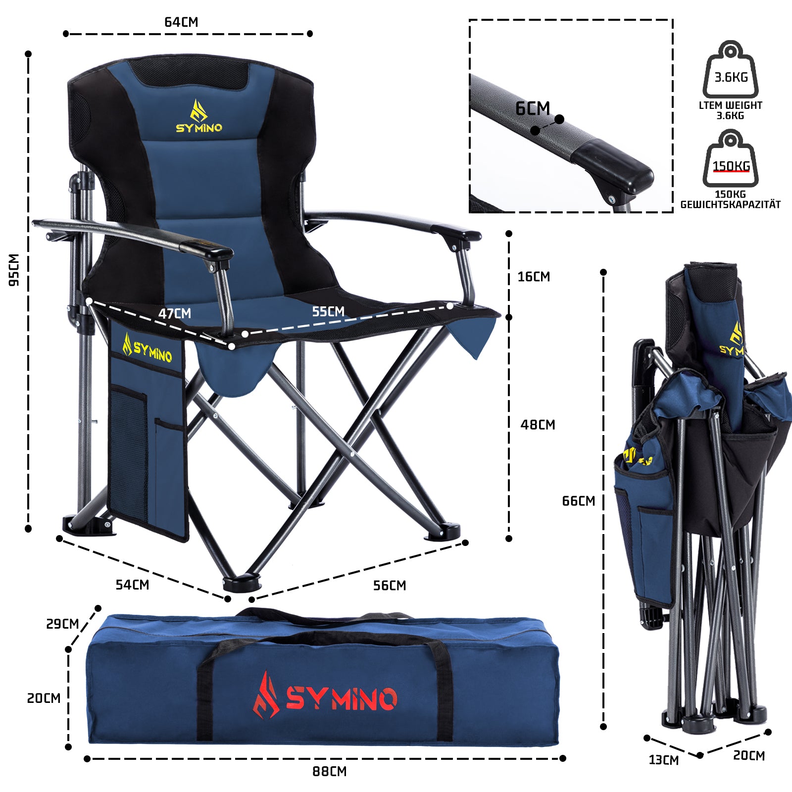 Symino Portable Camping Chair โ Lightweight, Foldable, with Armrests, Ideal for Outdoor & Travel, 120kg Capacity, Blue.