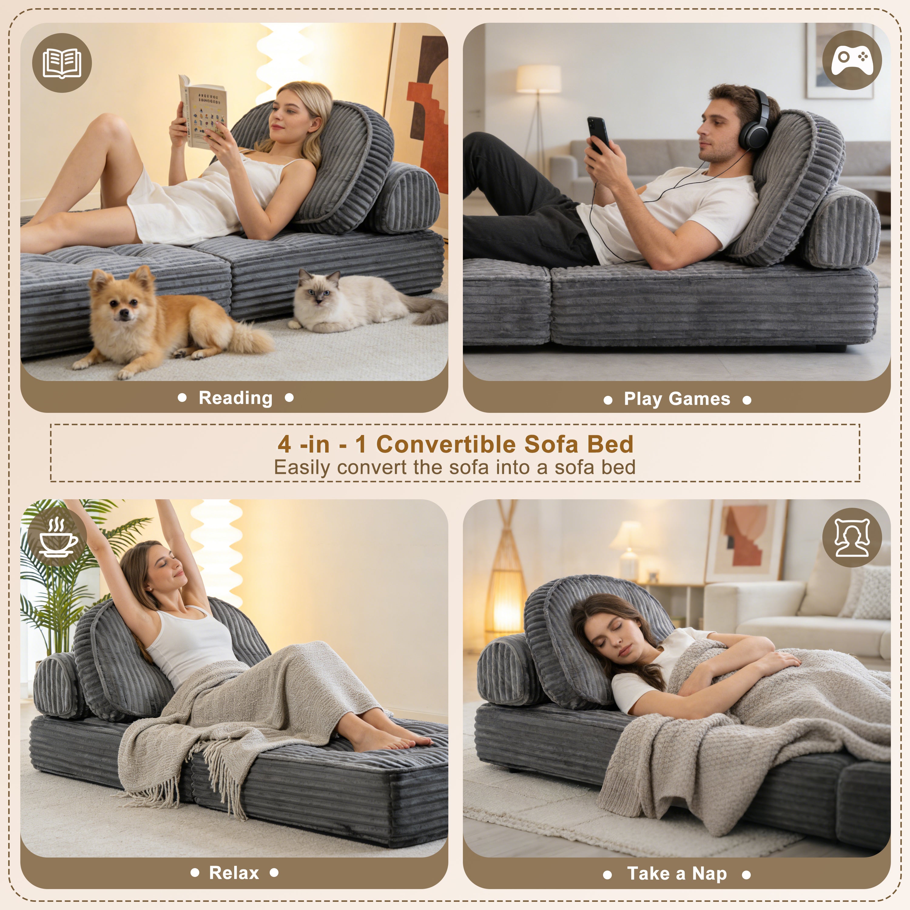 Pop-Up Compression Sofa, Single/Double Seat Options, Corduroy Multifunctional Sofa Bed for Small Apartments, Balconies & Dorms, No Assembly Required