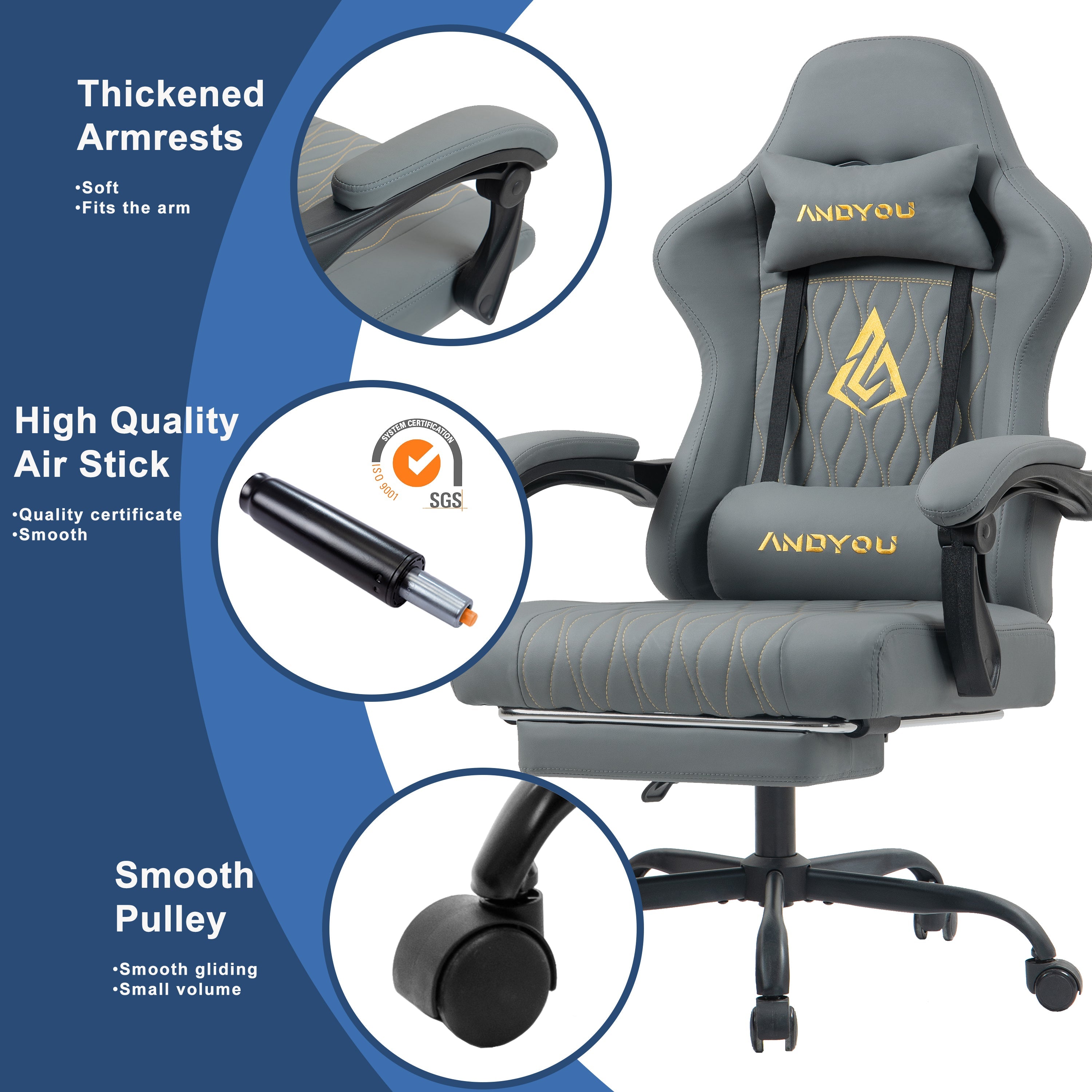SYMINO ANDYOU Series Gaming Chair with Footrest – Ergonomic PU Leather Computer Chair, Grey