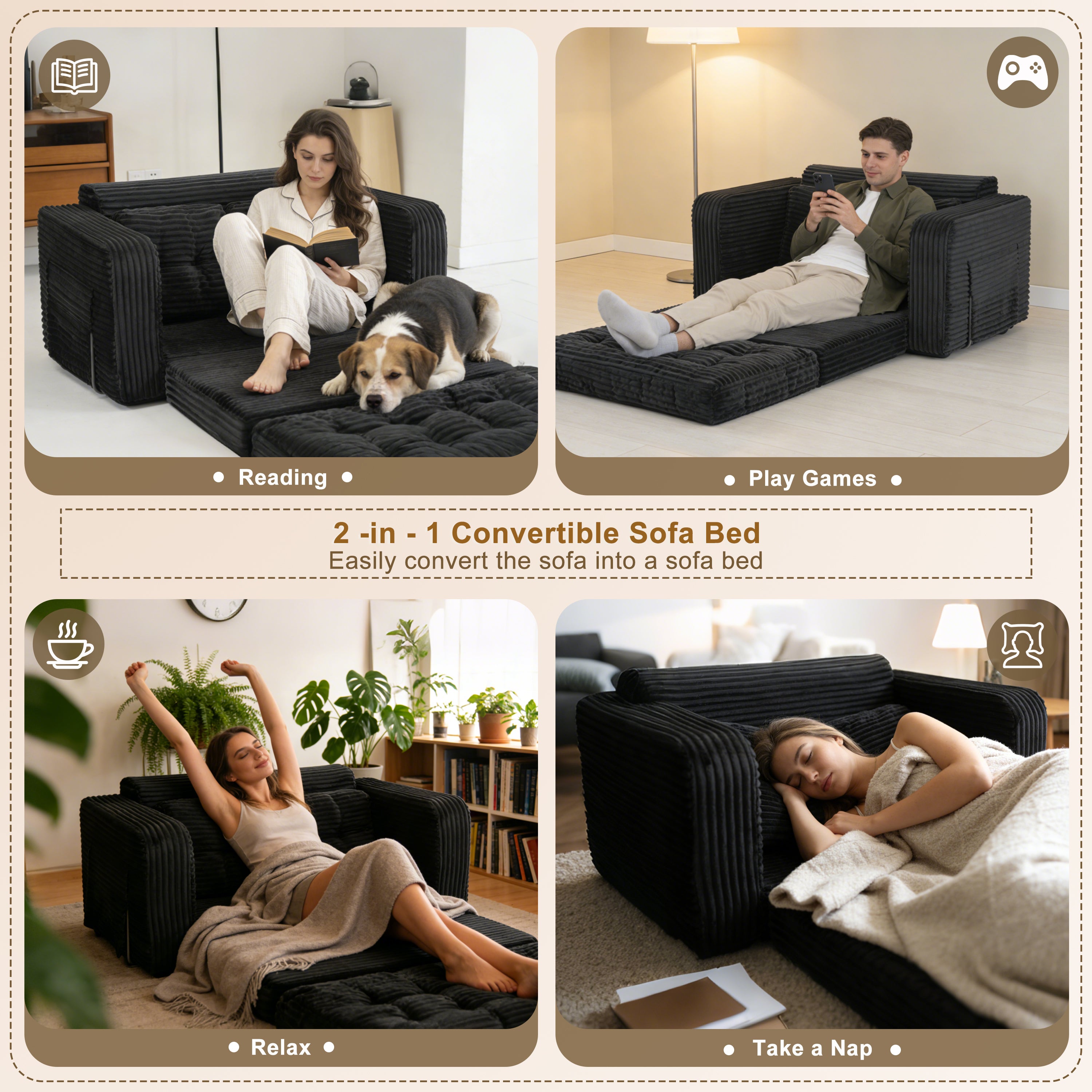 Pop-Up Compression Sofa, Single/Double Seat Options, Corduroy Multifunctional Sofa Bed for Small Apartments, Balconies & Dorms, No Assembly Required