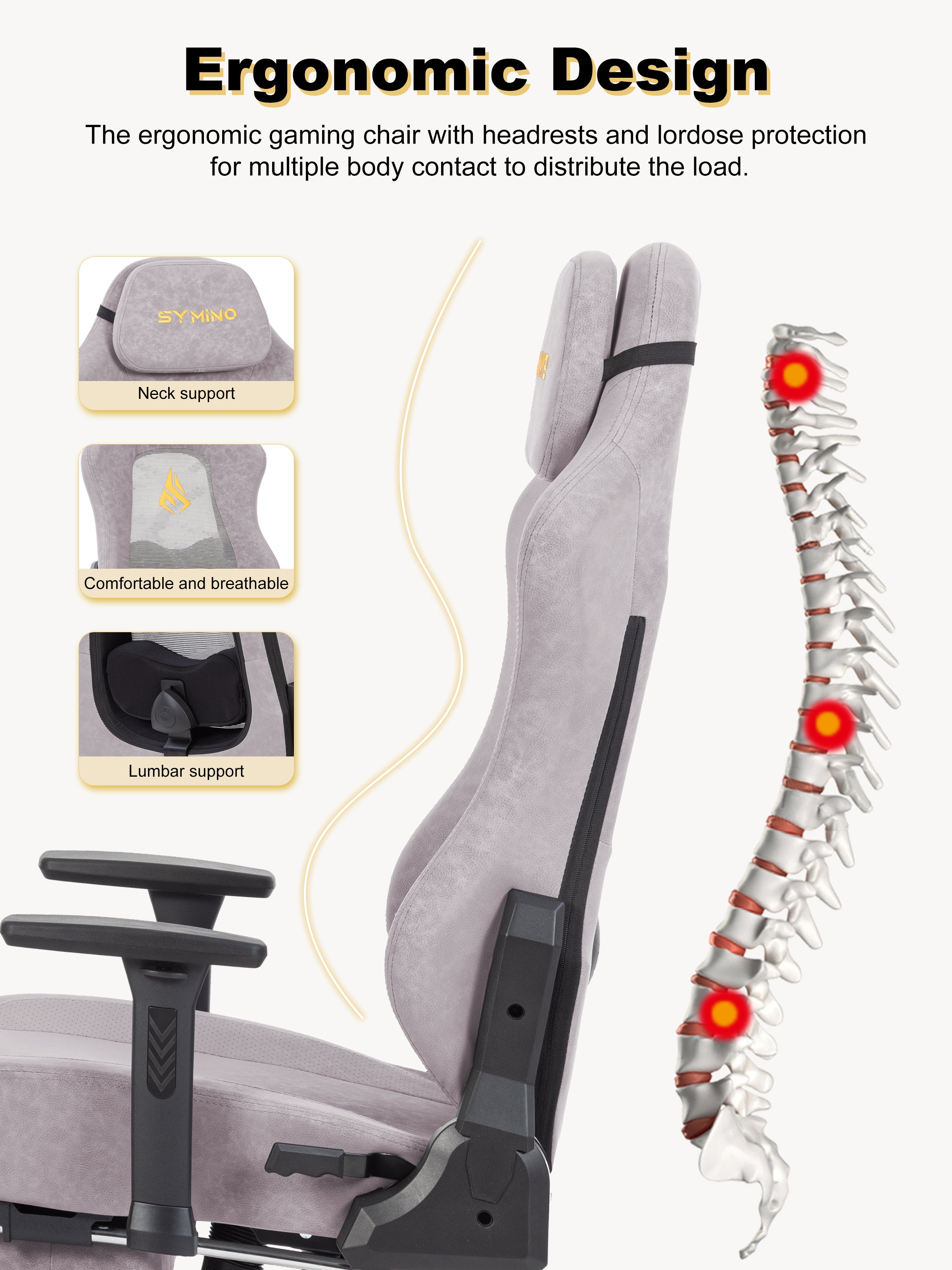SYMINO Ergonomic Gaming Chair – Breathable Mesh Back with Adjustable Lumbar Support - Pink