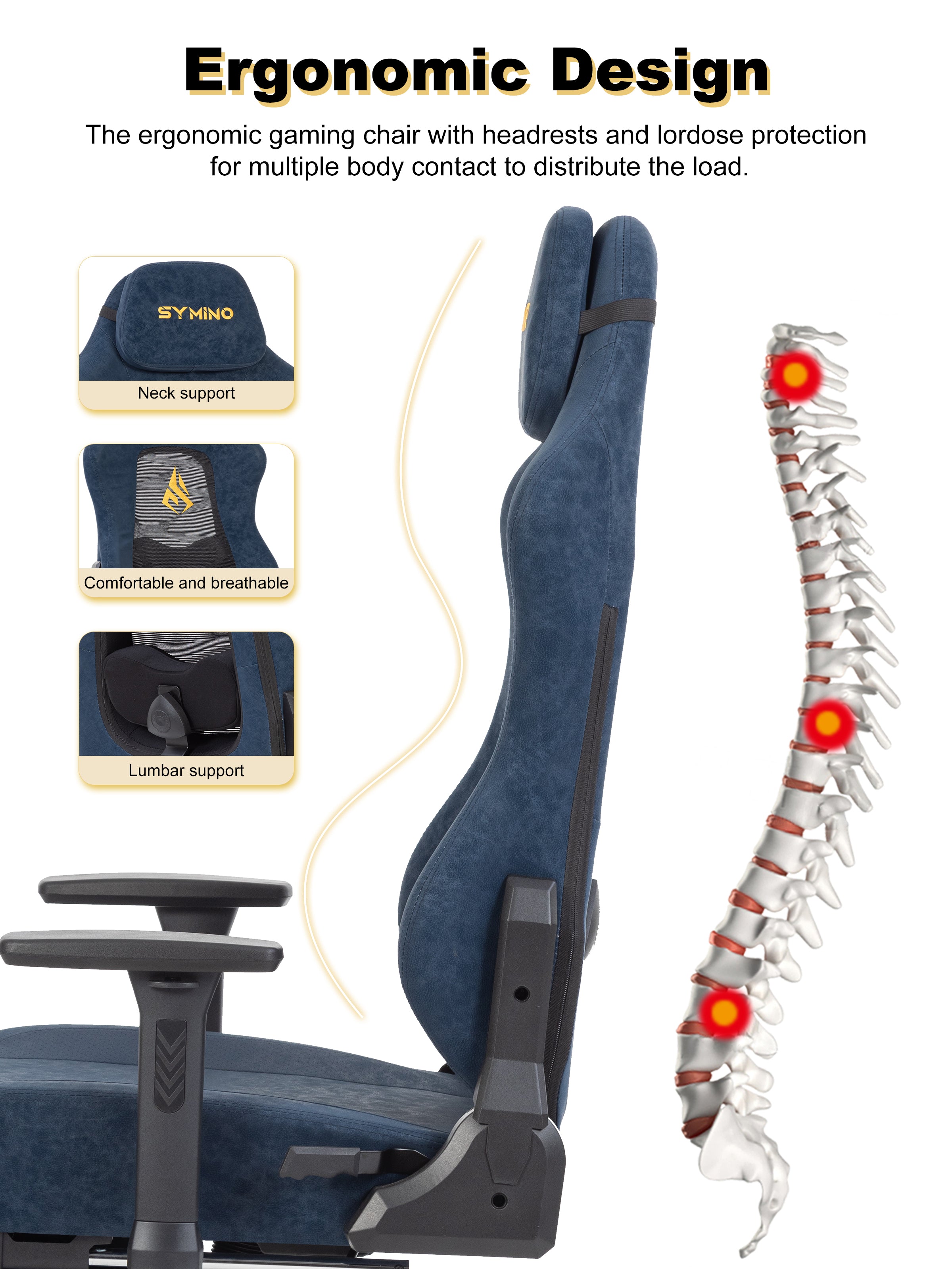 SYMINO Ergonomic Gaming Chair – Breathable Mesh Back with Adjustable Lumbar Support - Blue