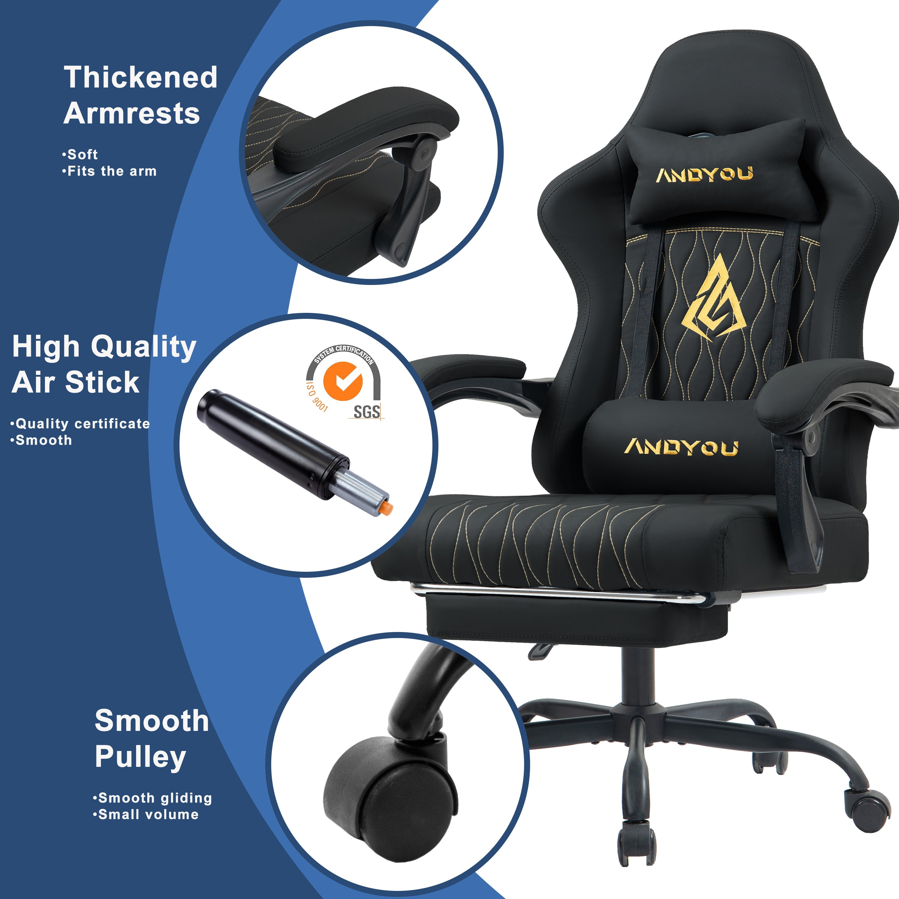 SYMINO ANDYOU Series Gaming Chair with Footrest – Ergonomic PU Leather Computer Chair, Black