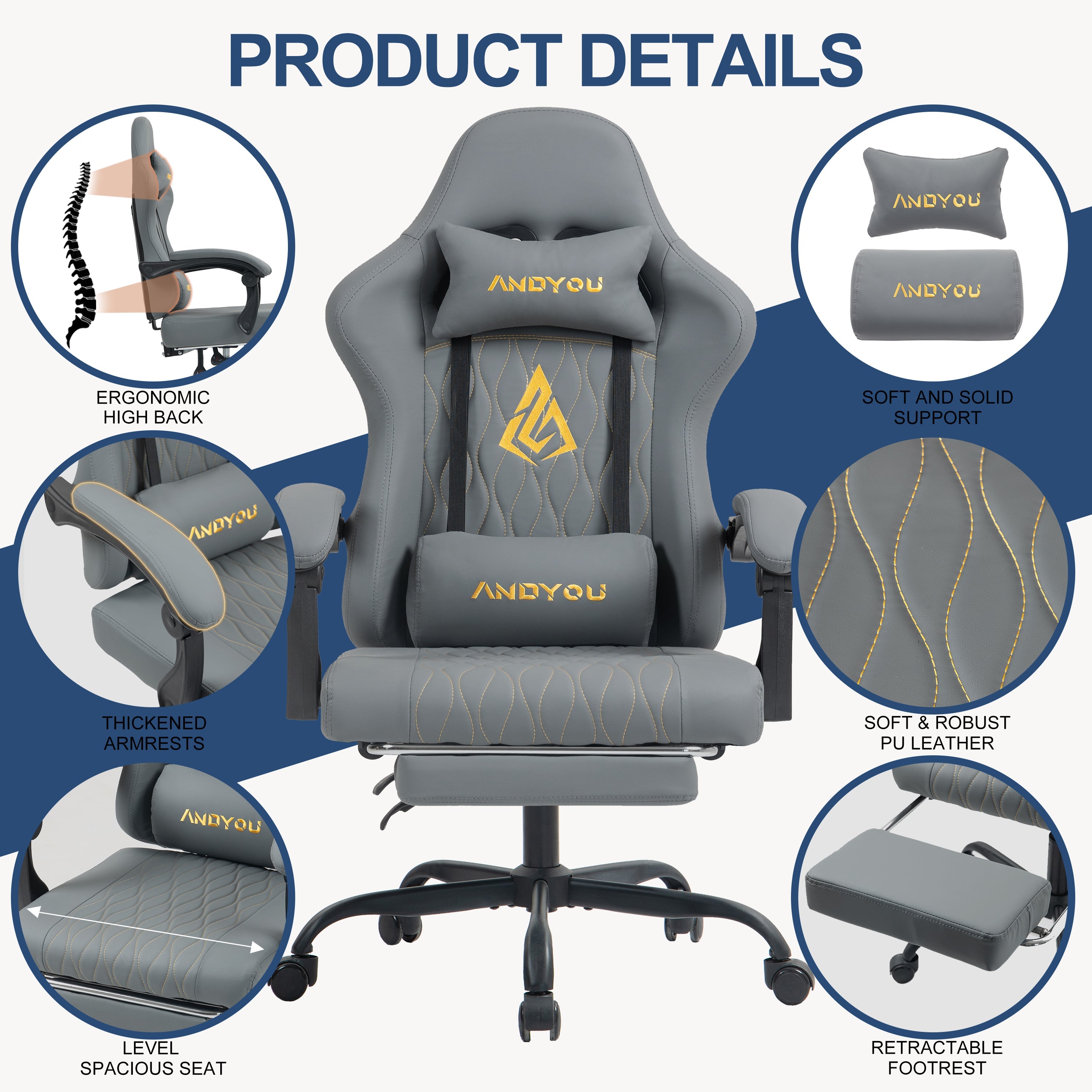 SYMINO ANDYOU Series Gaming Chair with Footrest – Ergonomic PU Leather Computer Chair, Grey