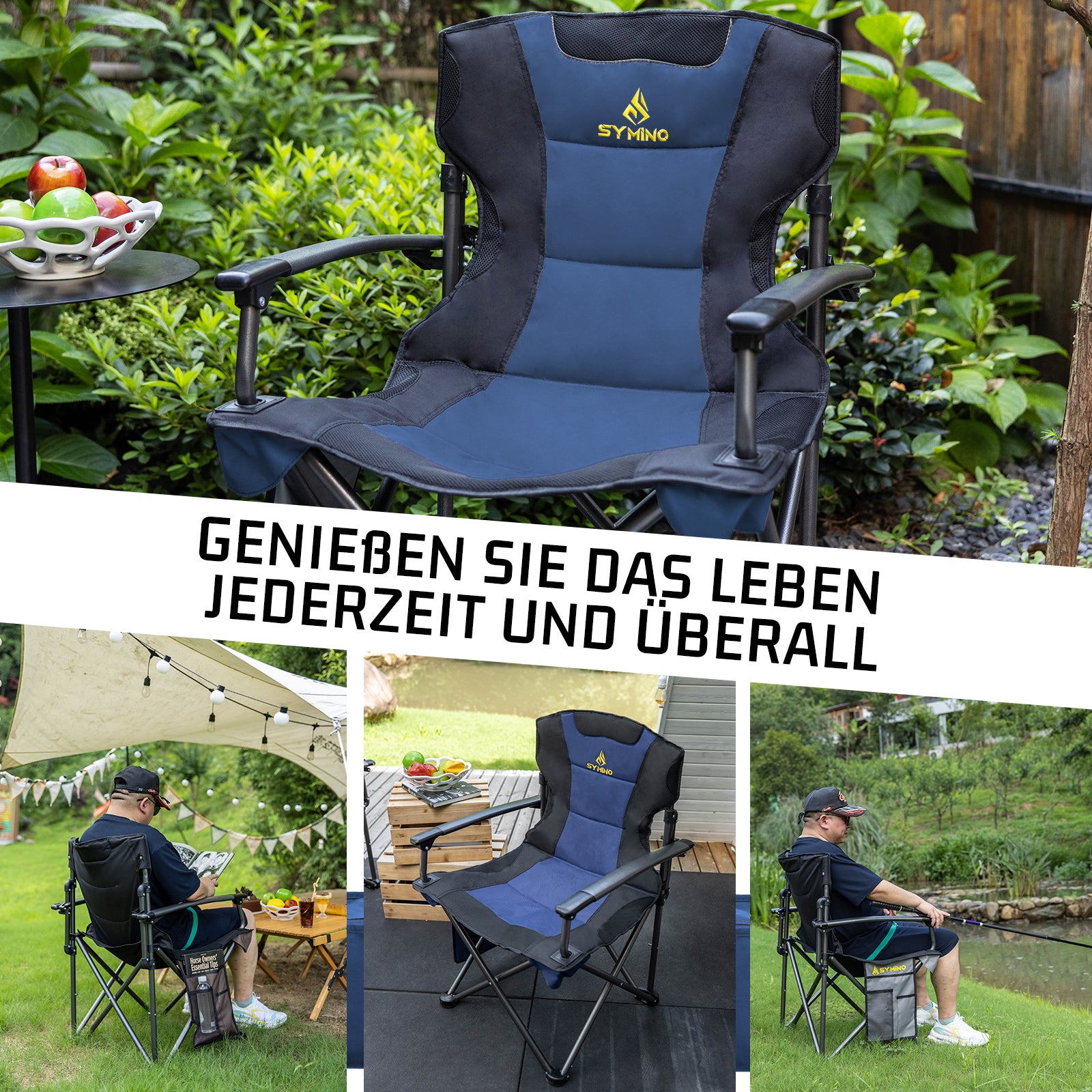 Symino Portable Camping Chair โ Lightweight, Foldable, with Armrests, Ideal for Outdoor & Travel, 120kg Capacity, Blue.