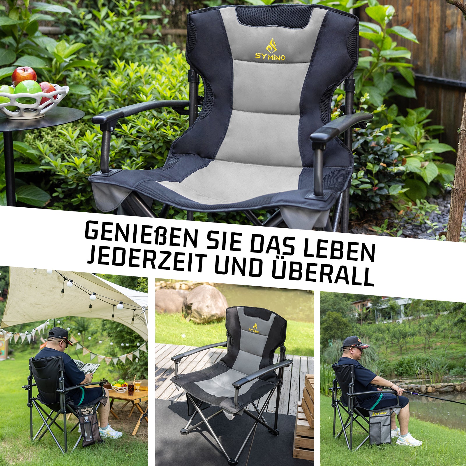 Symino Portable Camping Chair – Lightweight, Foldable, with Armrests, Ideal for Outdoor & Travel, 120kg Capacity, Grey