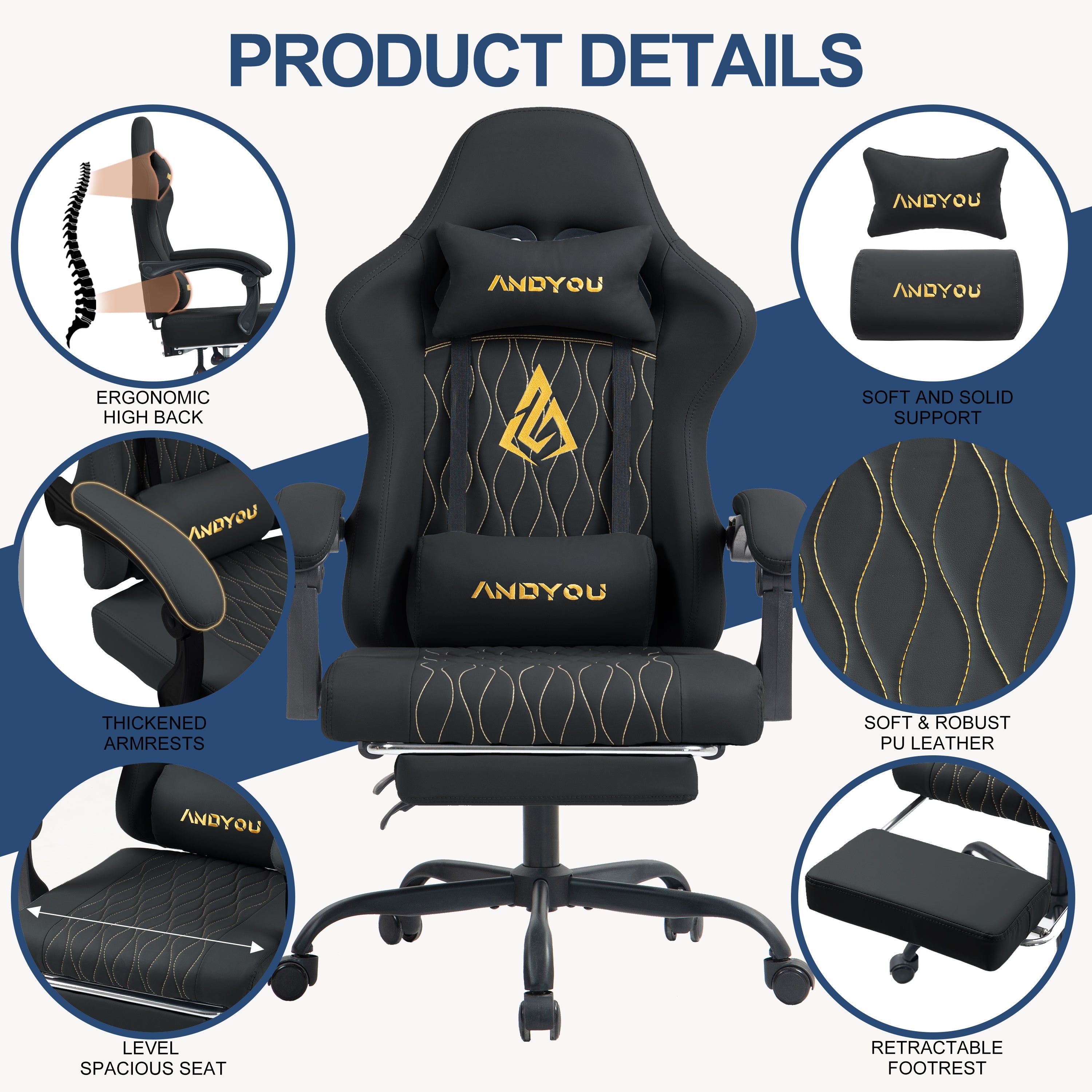 SYMINO ANDYOU Series Gaming Chair with Footrest – Ergonomic PU Leather Computer Chair, Black
