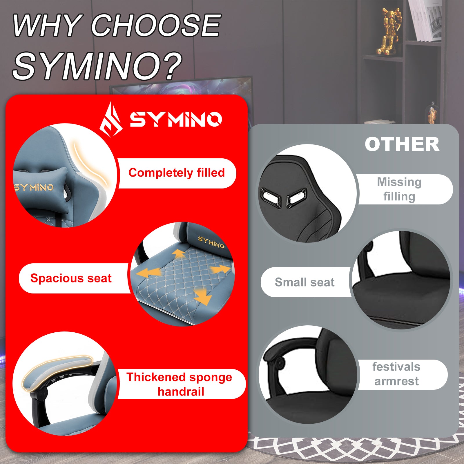 SYMINO Ergonomic PU Leather Racing Style Gaming Chair - Comfortable and Adjustable, DLight Blue