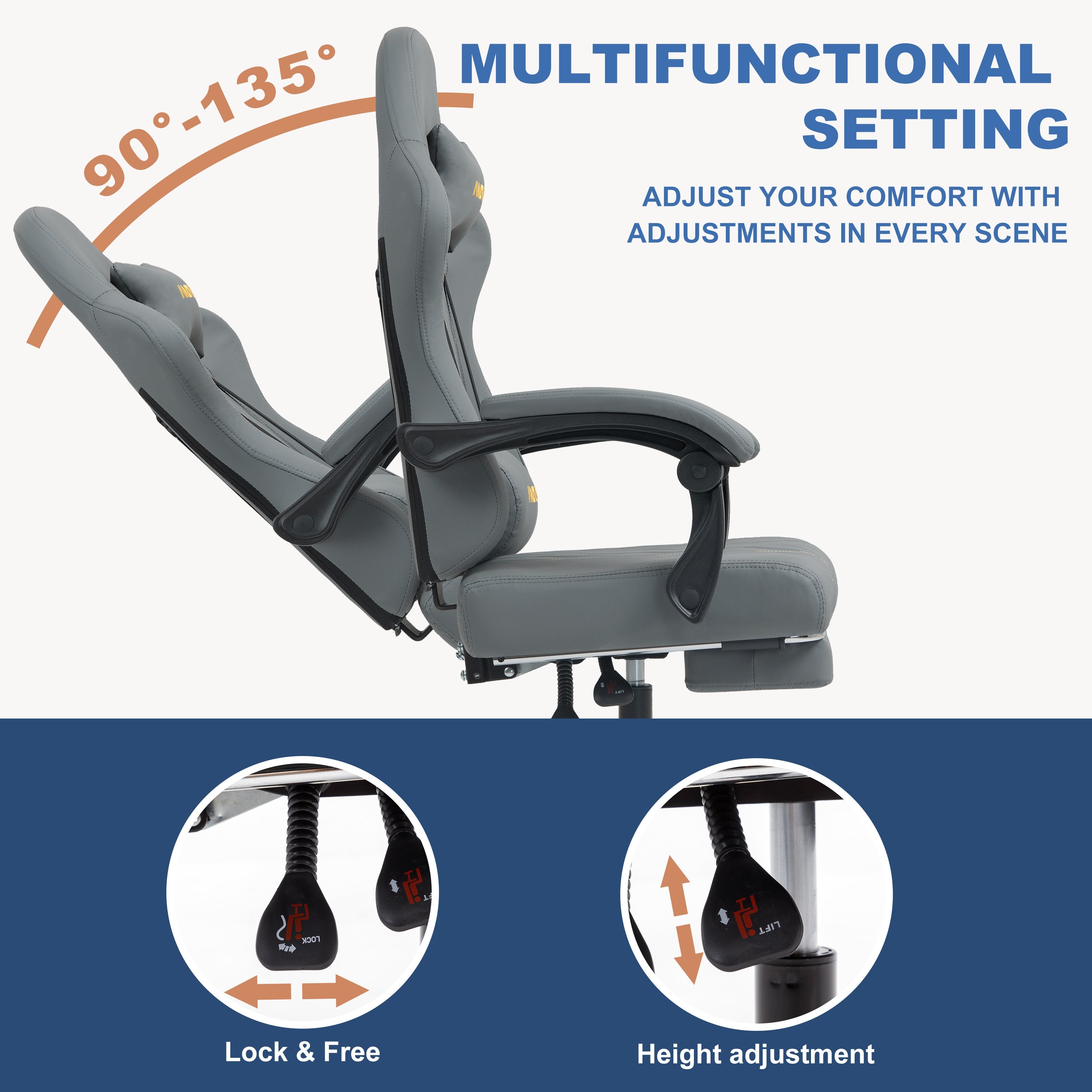SYMINO ANDYOU Series Gaming Chair with Footrest – Ergonomic PU Leather Computer Chair, Grey