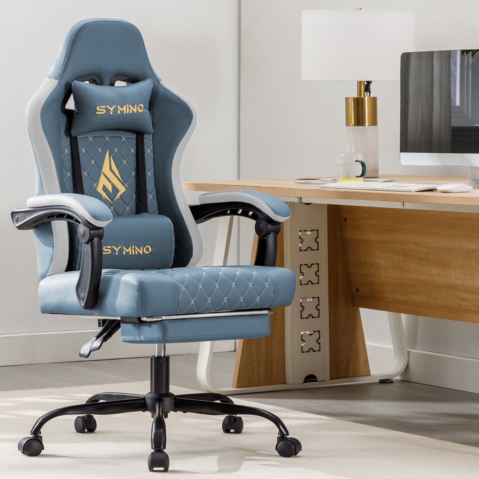 SYMINO Ergonomic PU Leather Racing Style Gaming Chair - Comfortable and Adjustable, DLight Blue