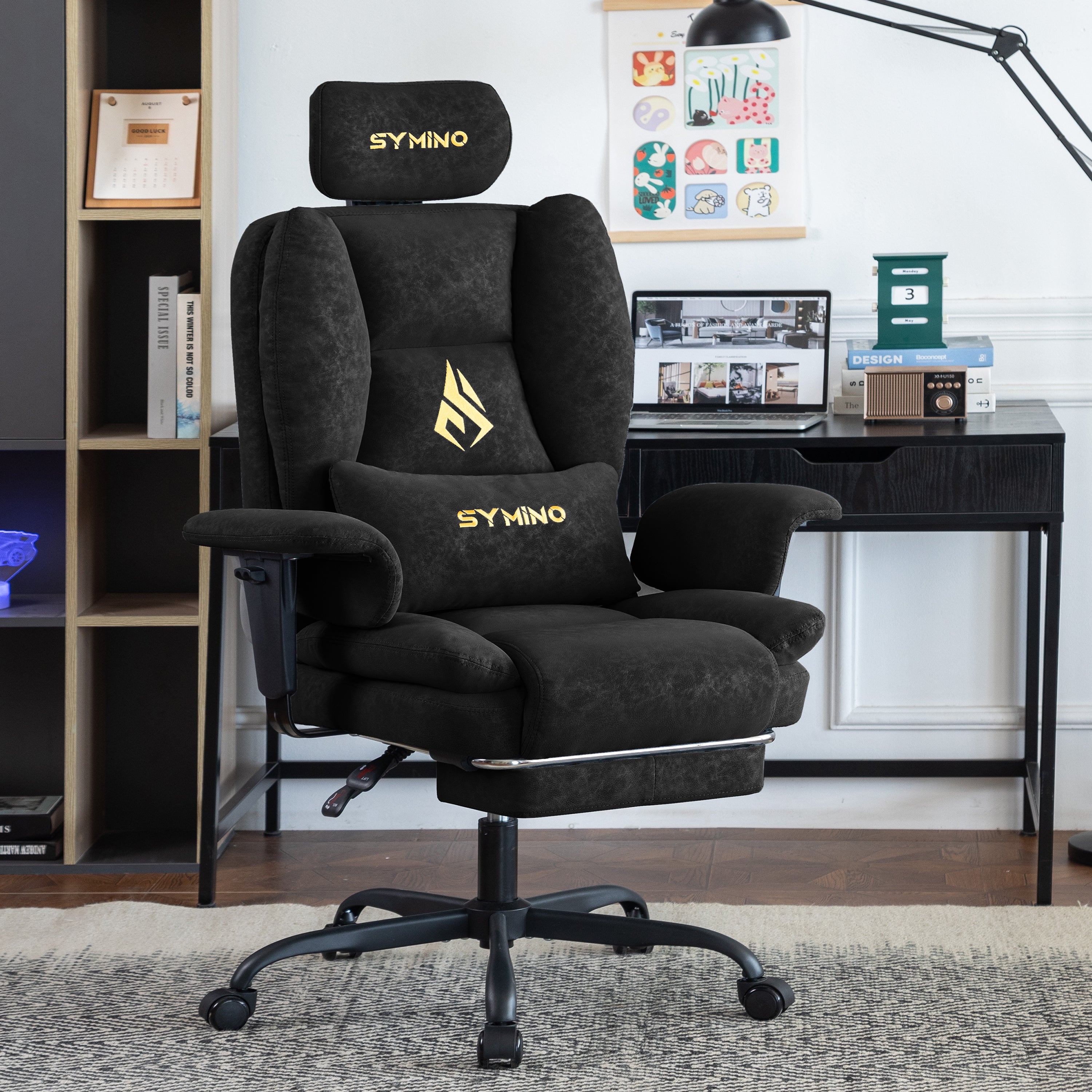 SYMINO Sofa Gaming Chair, Ergonomic Gamer Chair with Faux Fur & PU Leather, Black