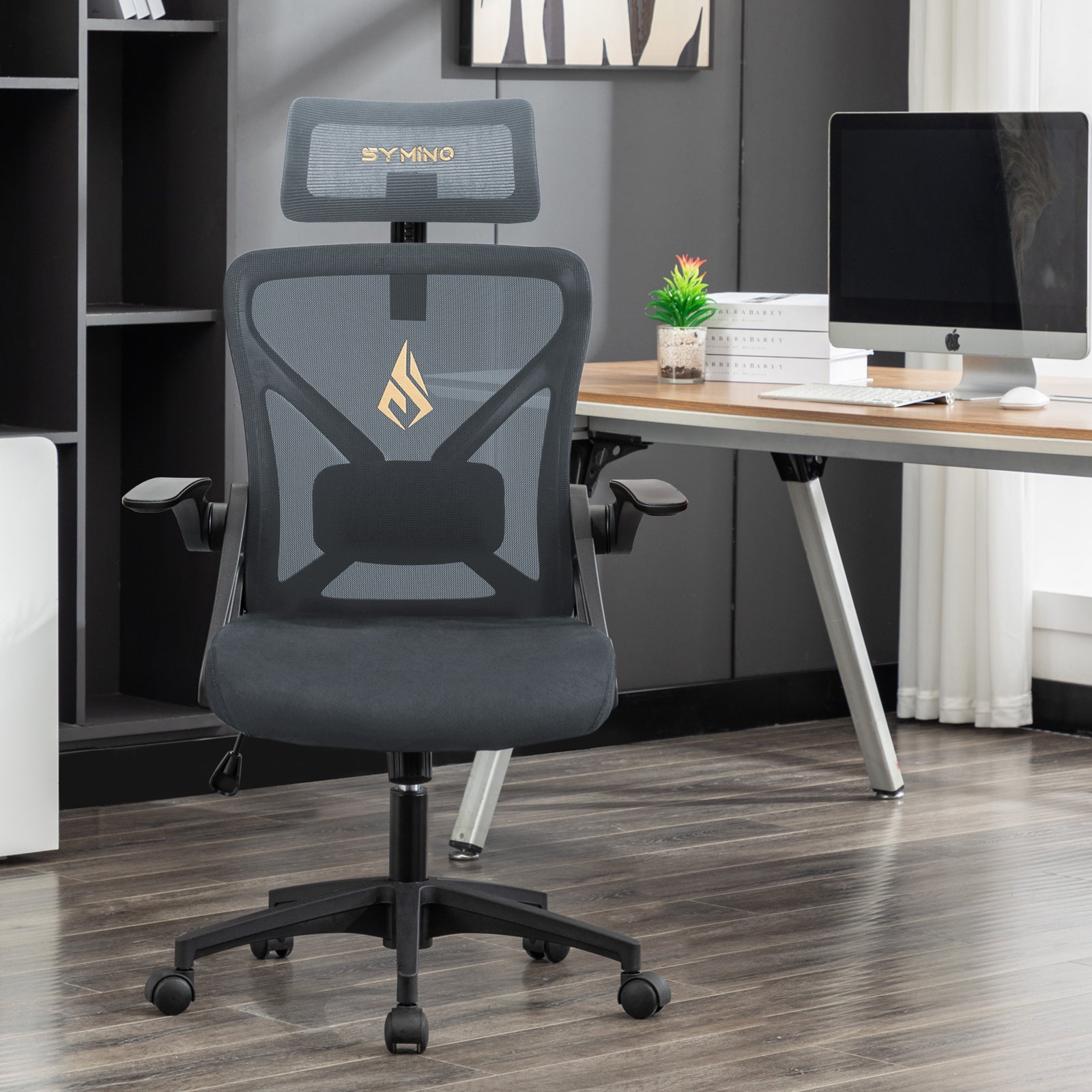 SYMINO Faux Fur+ Mesh Office Chair , rotating rocker function.Grey