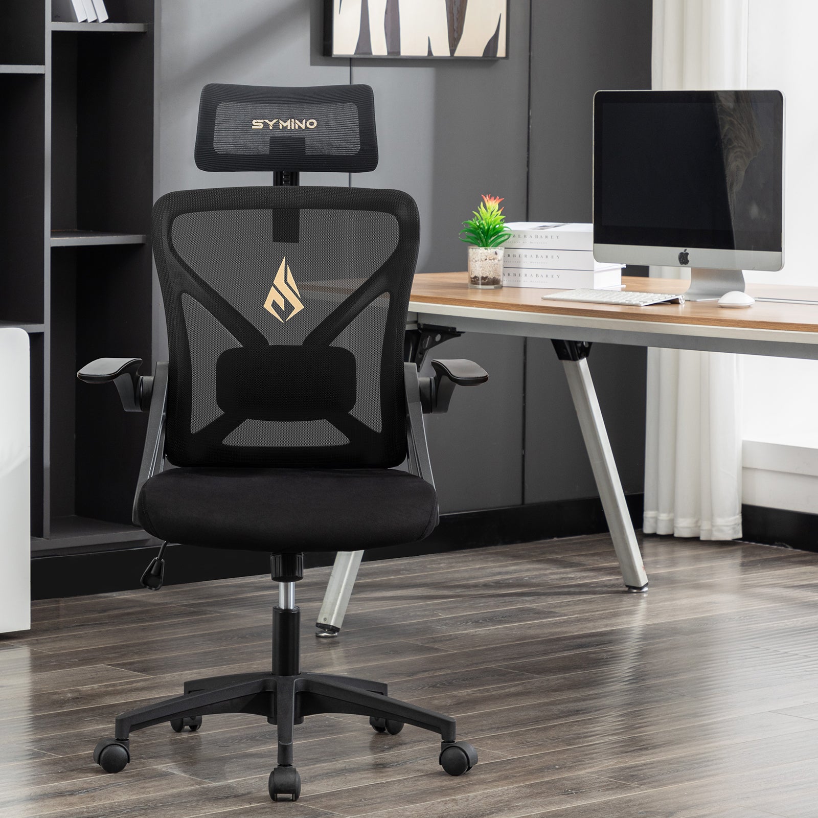 SYMINO Faux Fur+ Mesh Office Chair , rotating rocker function.Black