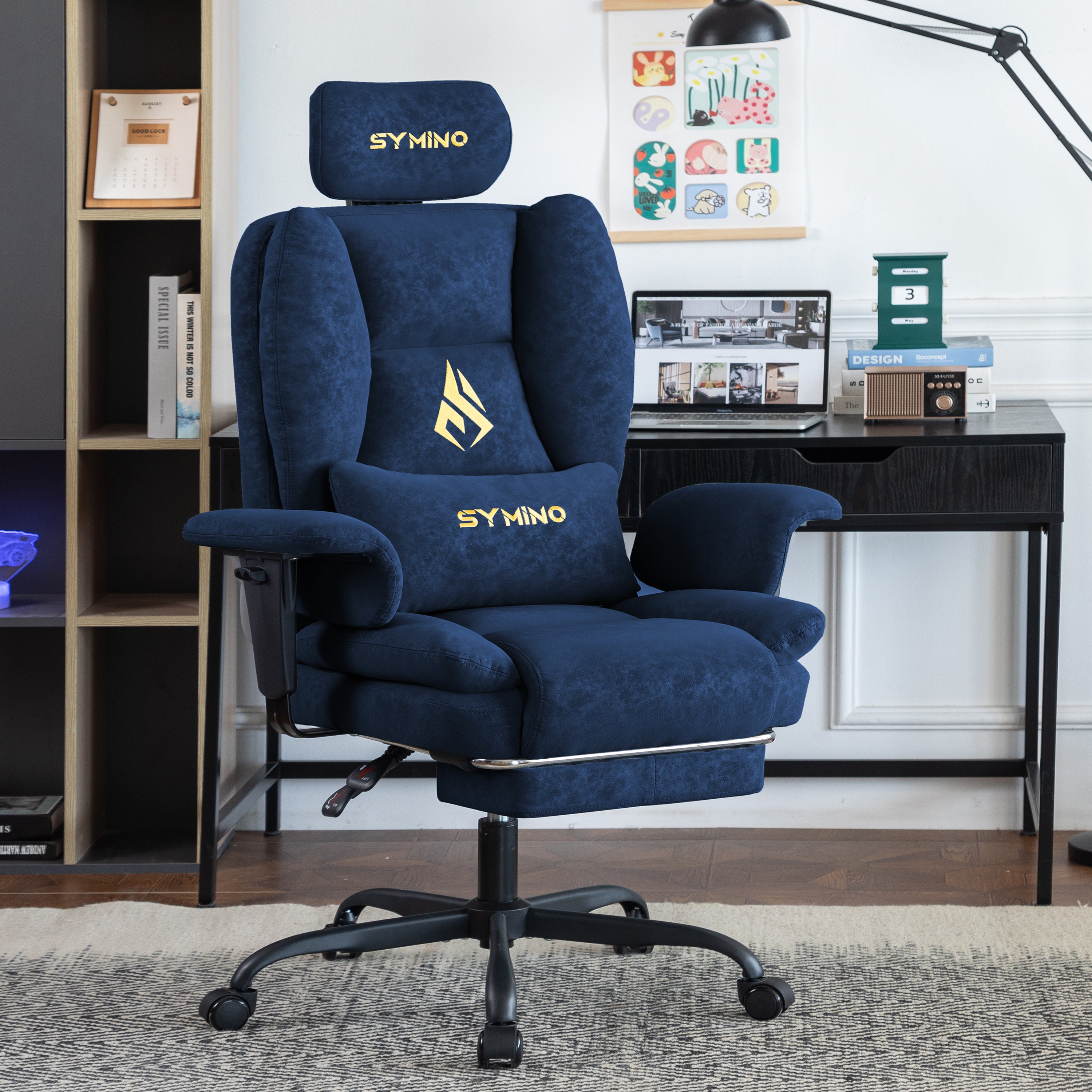 SYMINO Sofa Gaming Chair, Ergonomic Gamer Chair with Faux Fur & PU Leather, Blue
