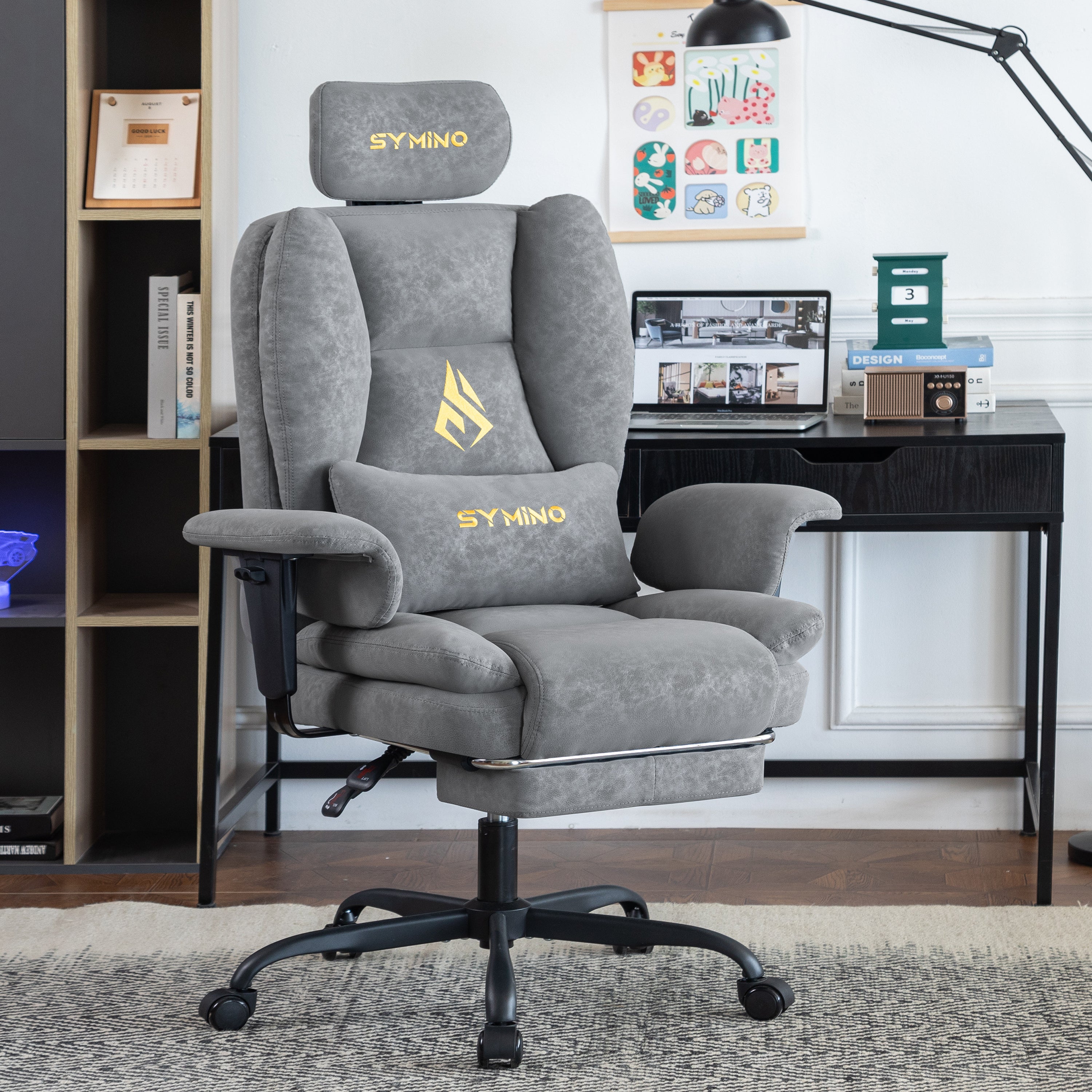 SYMINO Sofa Gaming Chair, Ergonomic Gamer Chair with Faux Fur & PU Leather, Grey