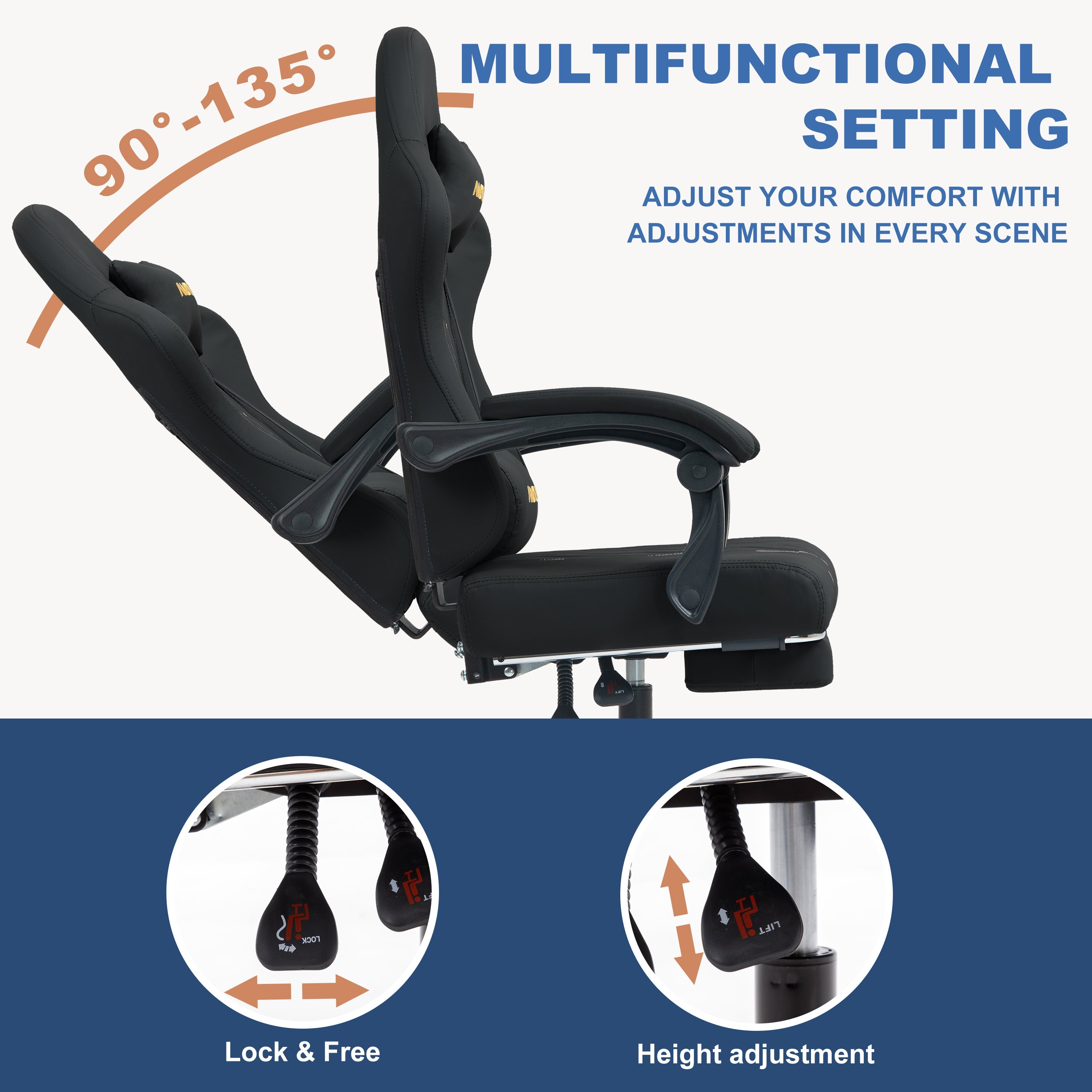 SYMINO ANDYOU Series Gaming Chair with Footrest – Ergonomic PU Leather Computer Chair, Black