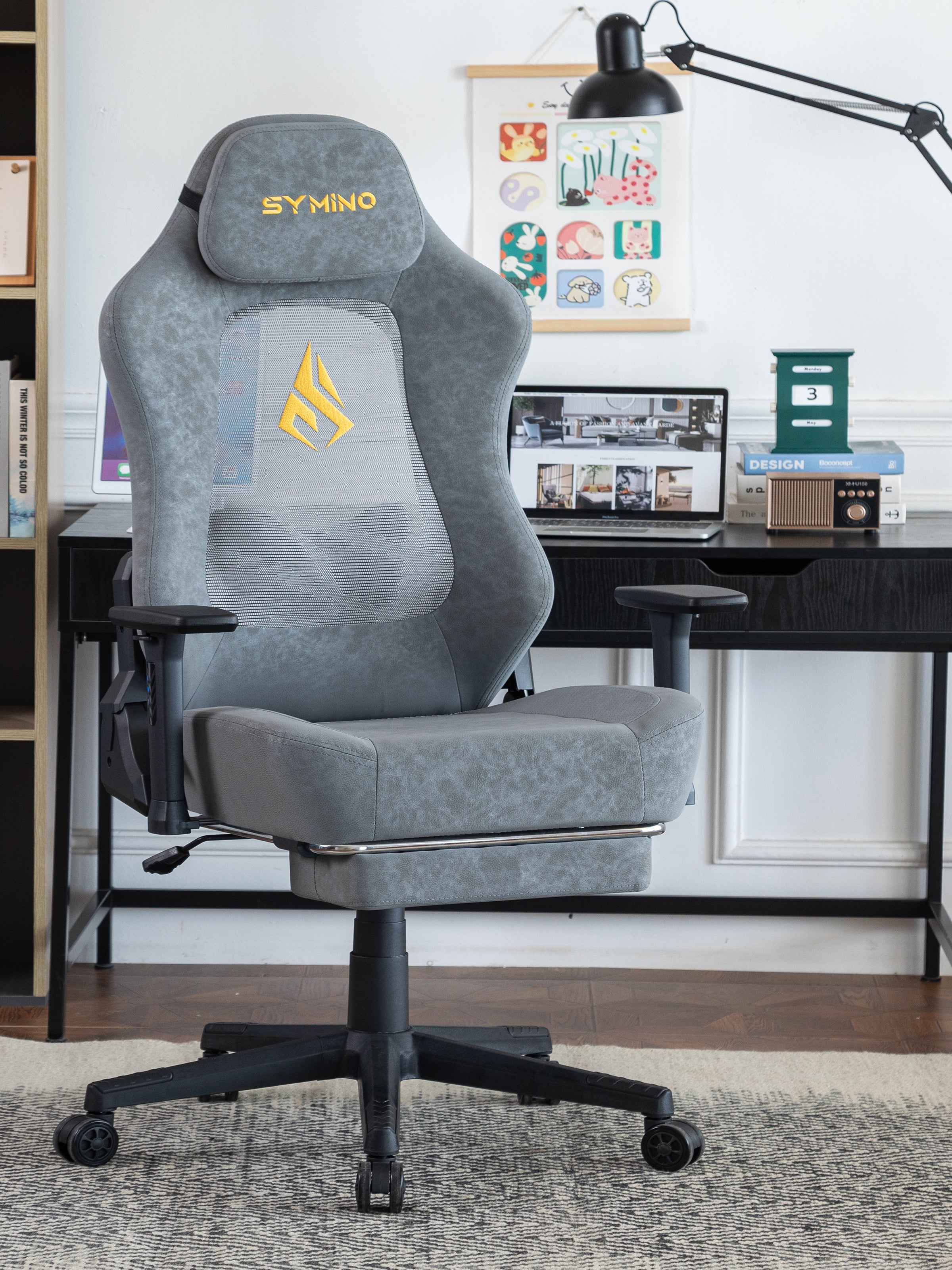 SYMINO Ergonomic Gaming Chair – Breathable Mesh Back with Adjustable Lumbar Support - Grey