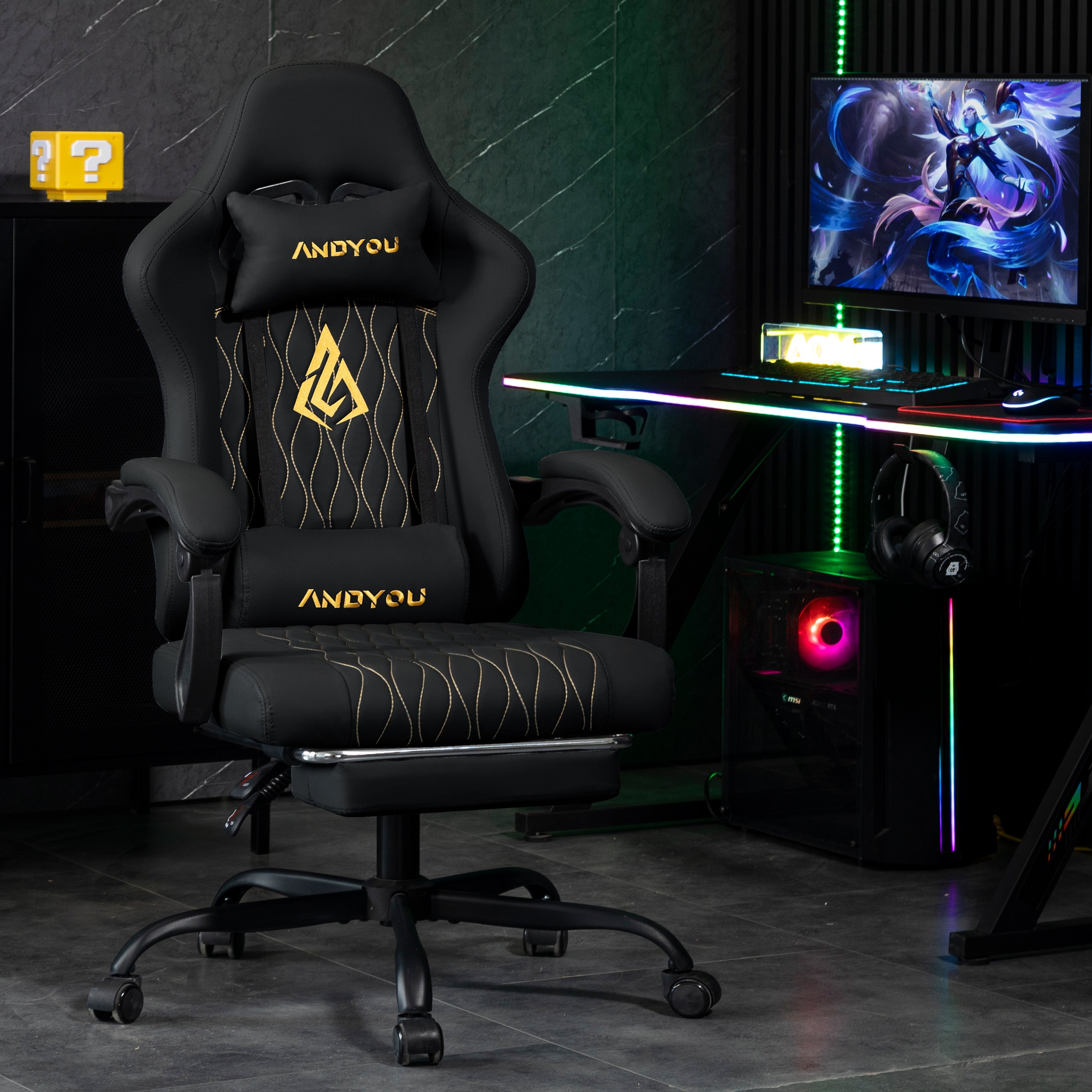 SYMINO ANDYOU Series Gaming Chair with Footrest – Ergonomic PU Leather Computer Chair, Black