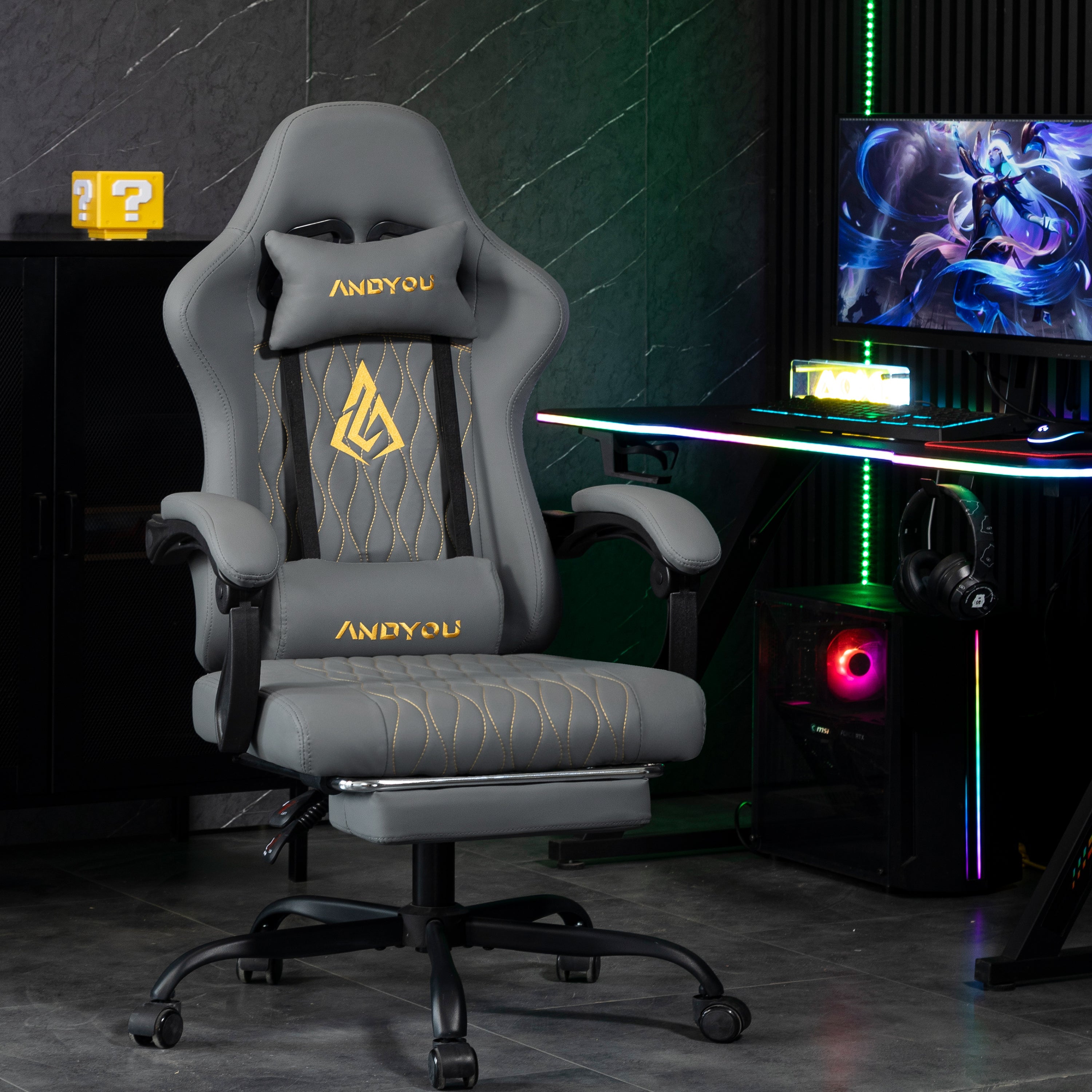 SYMINO ANDYOU Series Gaming Chair with Footrest – Ergonomic PU Leather Computer Chair, Grey