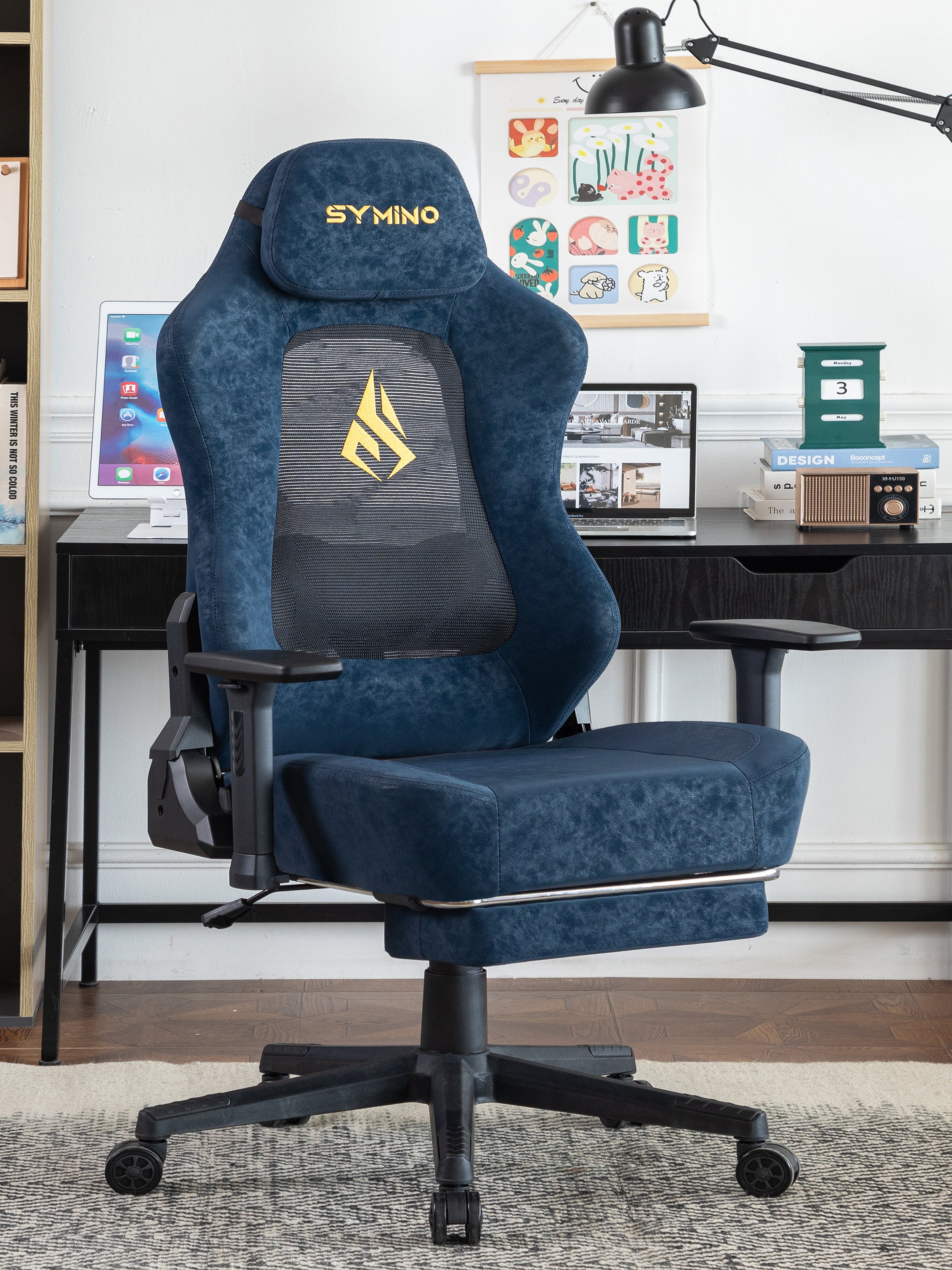 SYMINO Ergonomic Gaming Chair – Breathable Mesh Back with Adjustable Lumbar Support - Blue