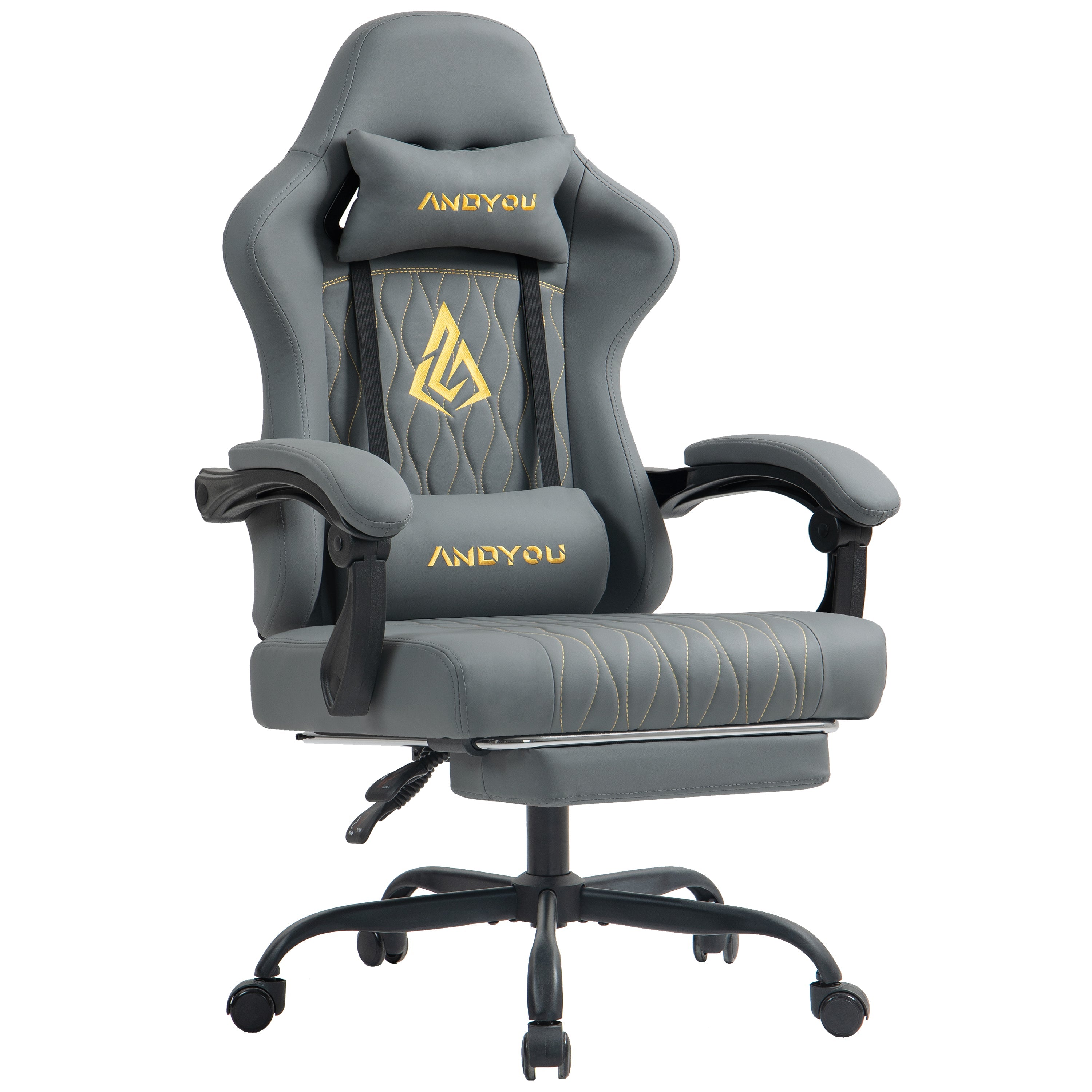 SYMINO ANDYOU Series Gaming Chair with Footrest – Ergonomic PU Leather Computer Chair, Grey