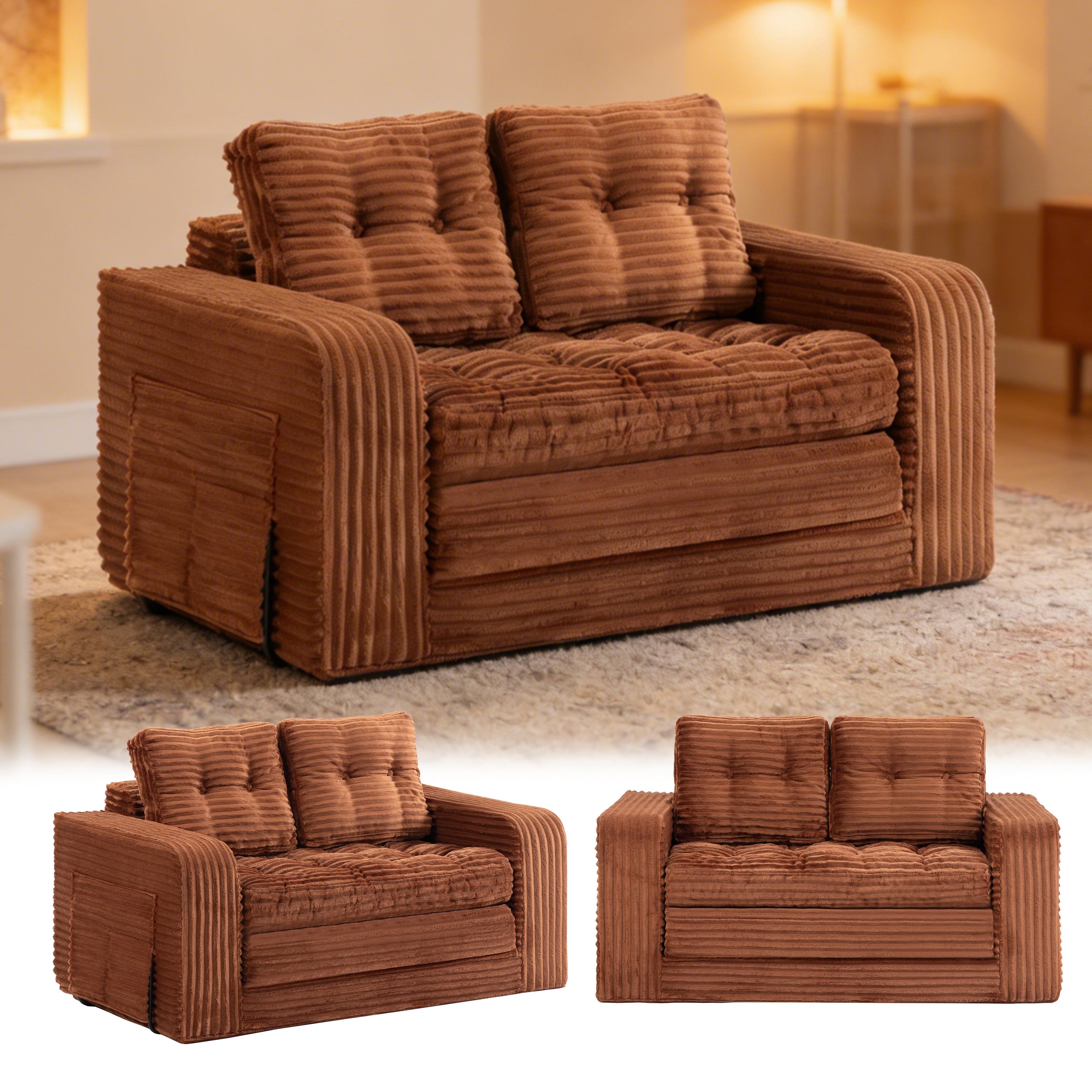 Pop-Up Compression Sofa, Single/Double Seat Options, Corduroy Multifunctional Sofa Bed for Small Apartments, Balconies & Dorms, No Assembly Required