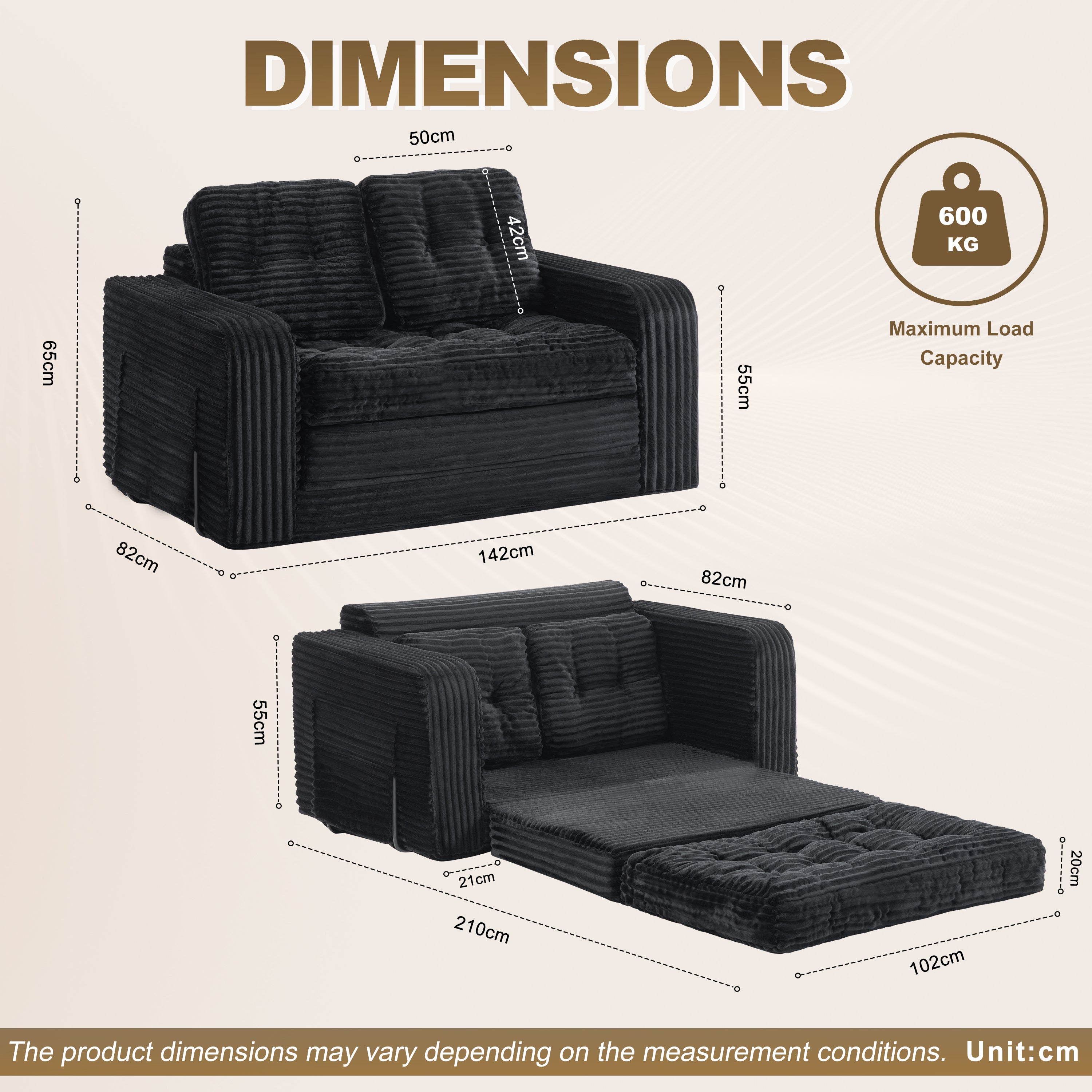 Pop-Up Compression Sofa, Single/Double Seat Options, Corduroy Multifunctional Sofa Bed for Small Apartments, Balconies & Dorms, No Assembly Required