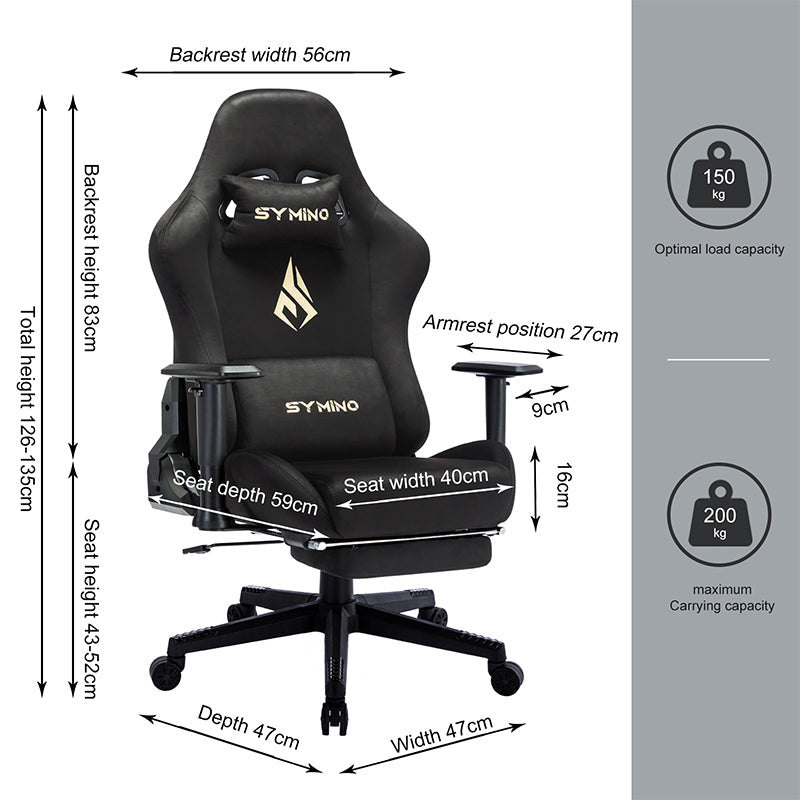 SYMINO Breathable Gaming Chair with Footrest, Adjustable and Rotating, Black