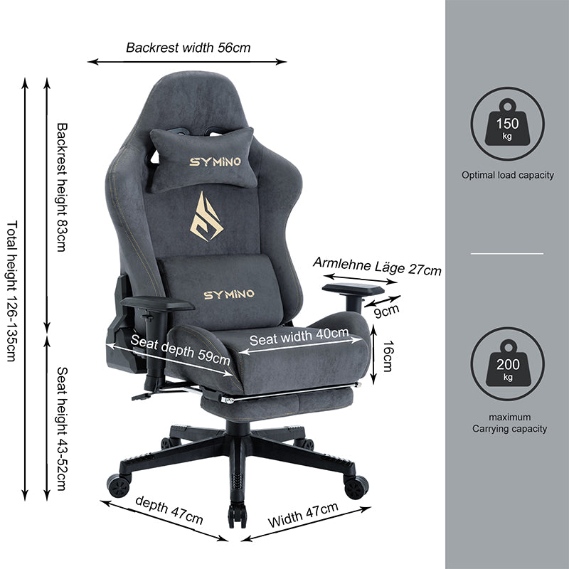 SYMINO Breathable Gaming Chair with Footrest, Adjustable and Rotating, Grey