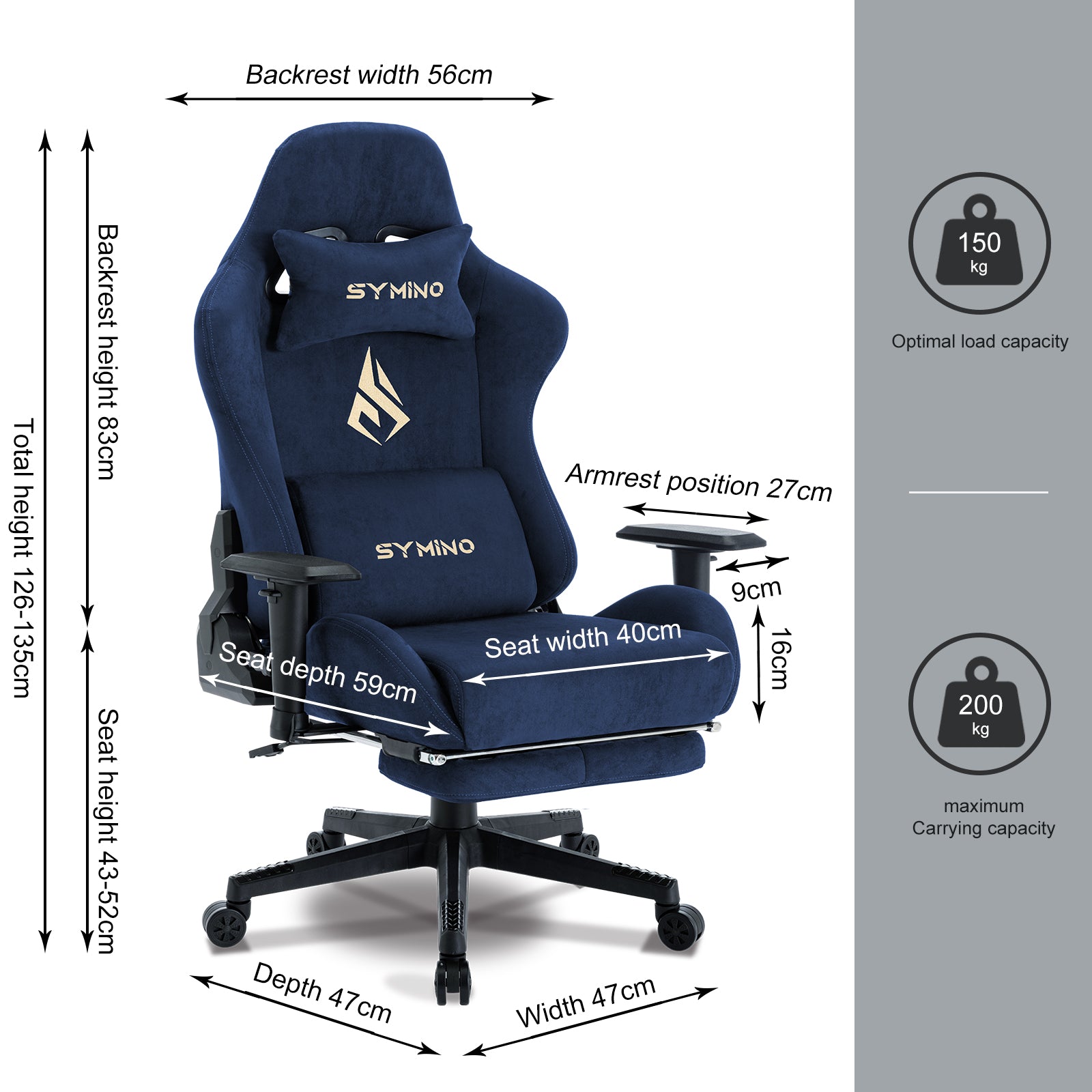 SYMINO Breathable Gaming Chair with Footrest, Adjustable and Rotating, DarkBlue