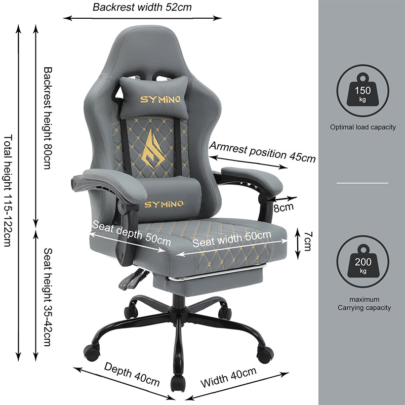 SYMINO Ergonomic PU Leather Racing Style Gaming Chair - Comfortable and Adjustable, Grey