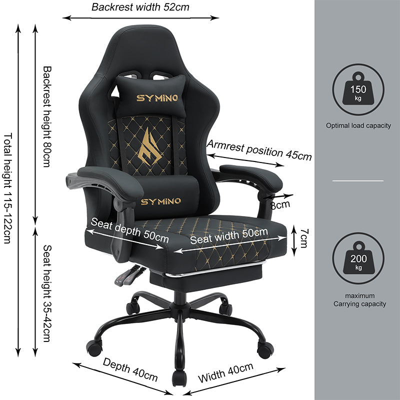 SYMINO Ergonomic PU Leather Racing Style Gaming Chair - Comfortable and Adjustable, Black