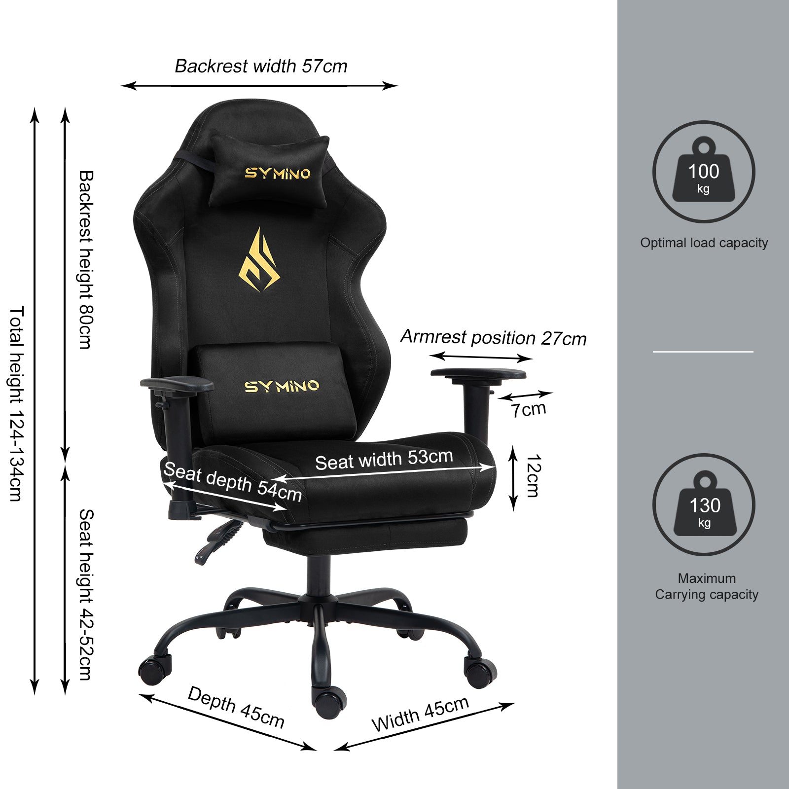 SYMINO Ergonomic Gaming Chair with Footrest, Breathable and Adjustable, Black