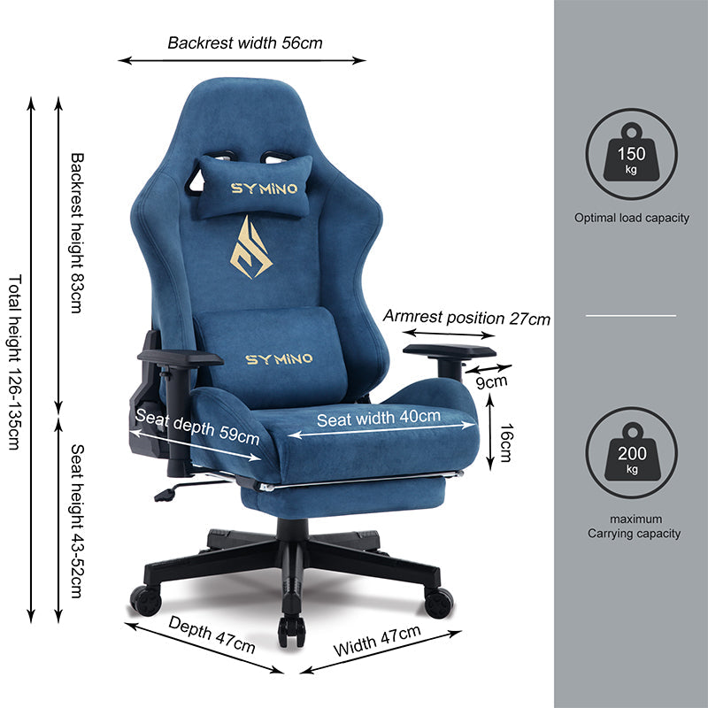 SYMINO Breathable Gaming Chair with Footrest, Adjustable and Rotating, Blue