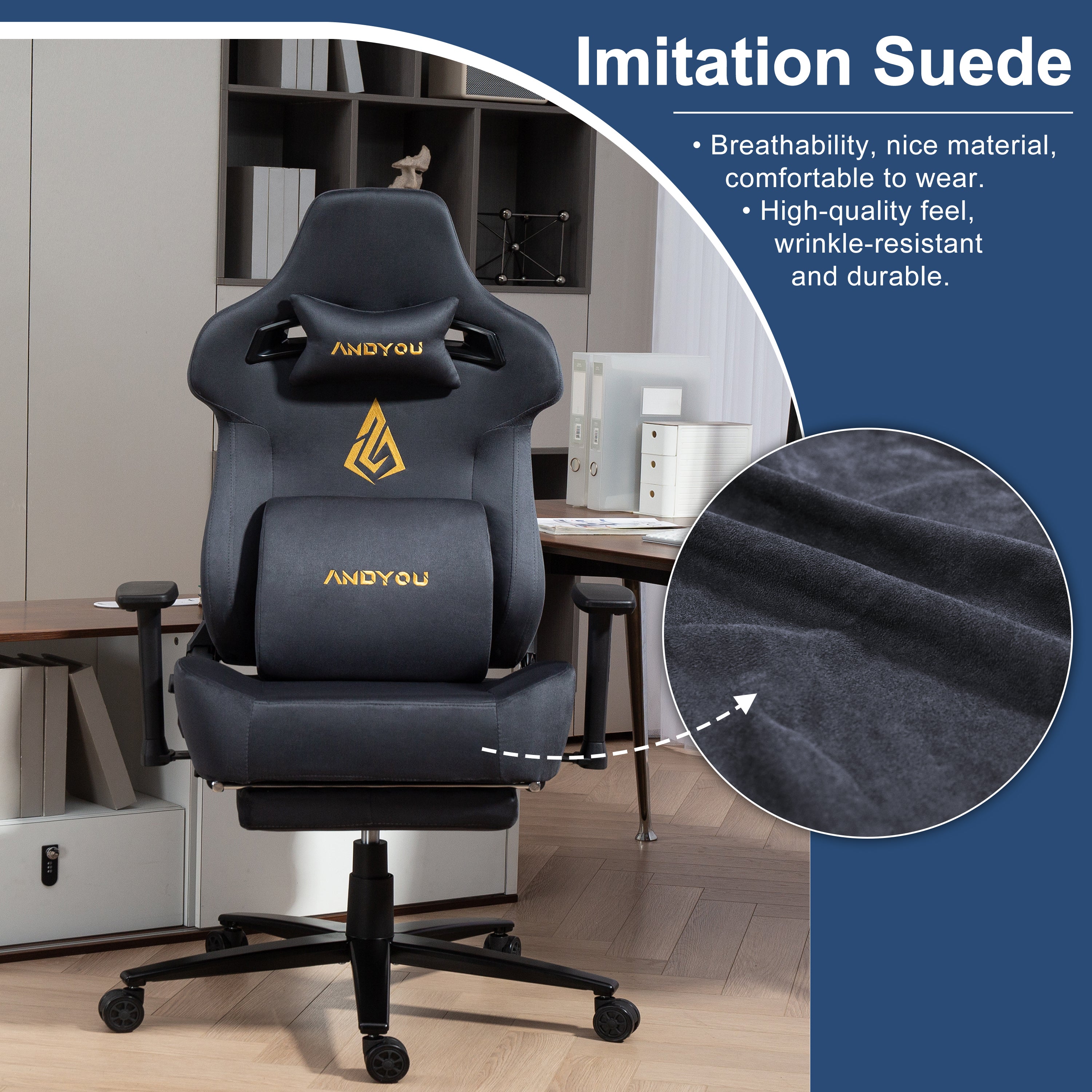 Andyou Gaming Chair – Ergonomic PC Chair with Faux Suede, 90–155° Recline, 18° Tilt, 3D Armrests, 220kg Capacity