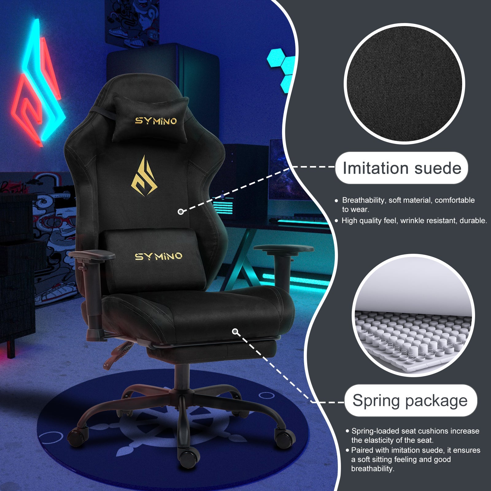 SYMINO Ergonomic Gaming Chair with Footrest, Breathable and Adjustable, Black